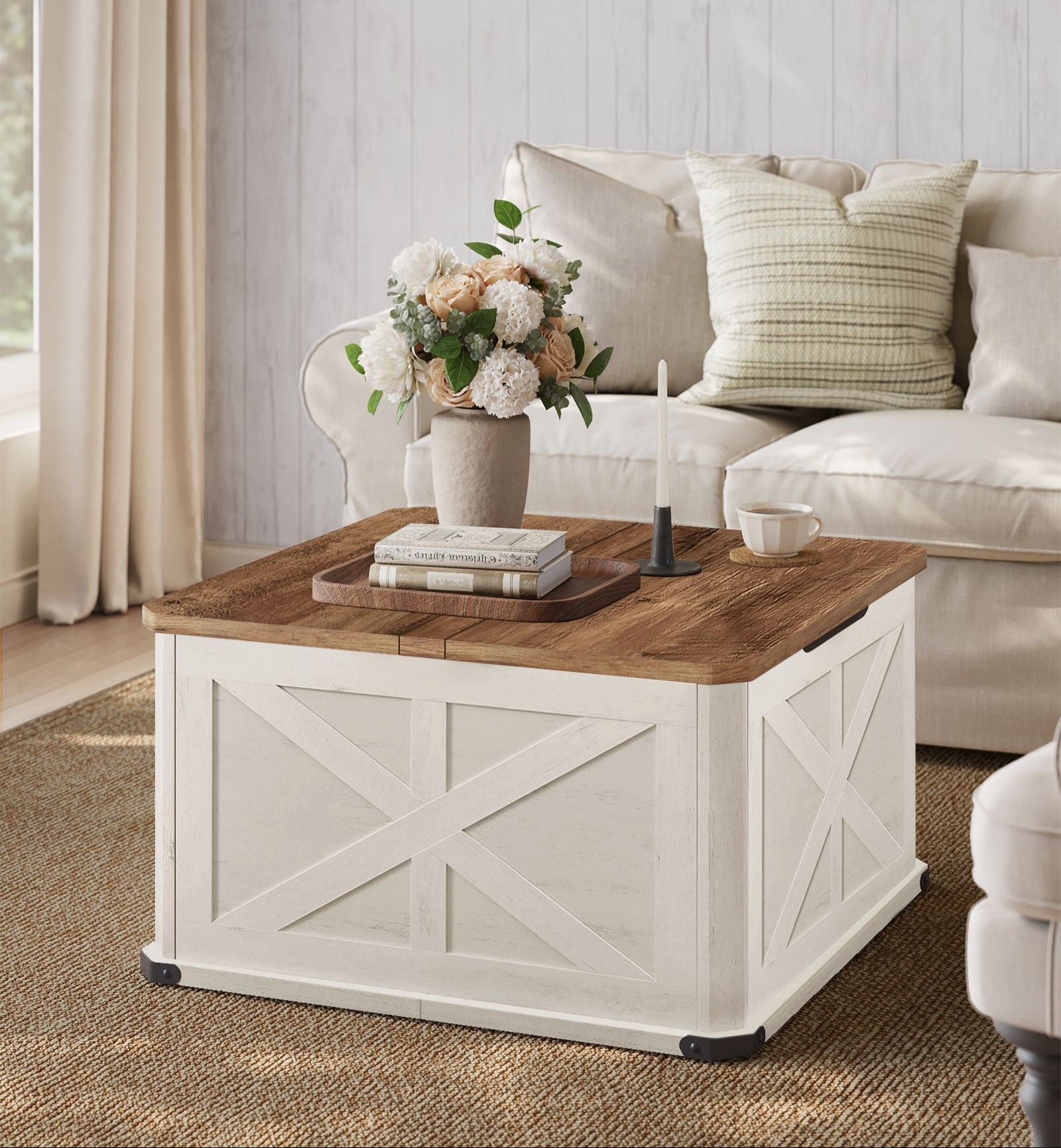 Farmhouse Coffee Table – Square Storage Trunk – Flip-Top Design – 56 Gal Capacity