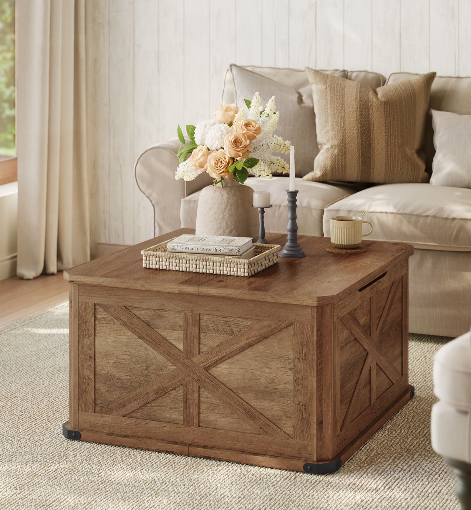 Farmhouse Coffee Table – Square Storage Trunk – Flip-Top Design – 56 Gal Capacity