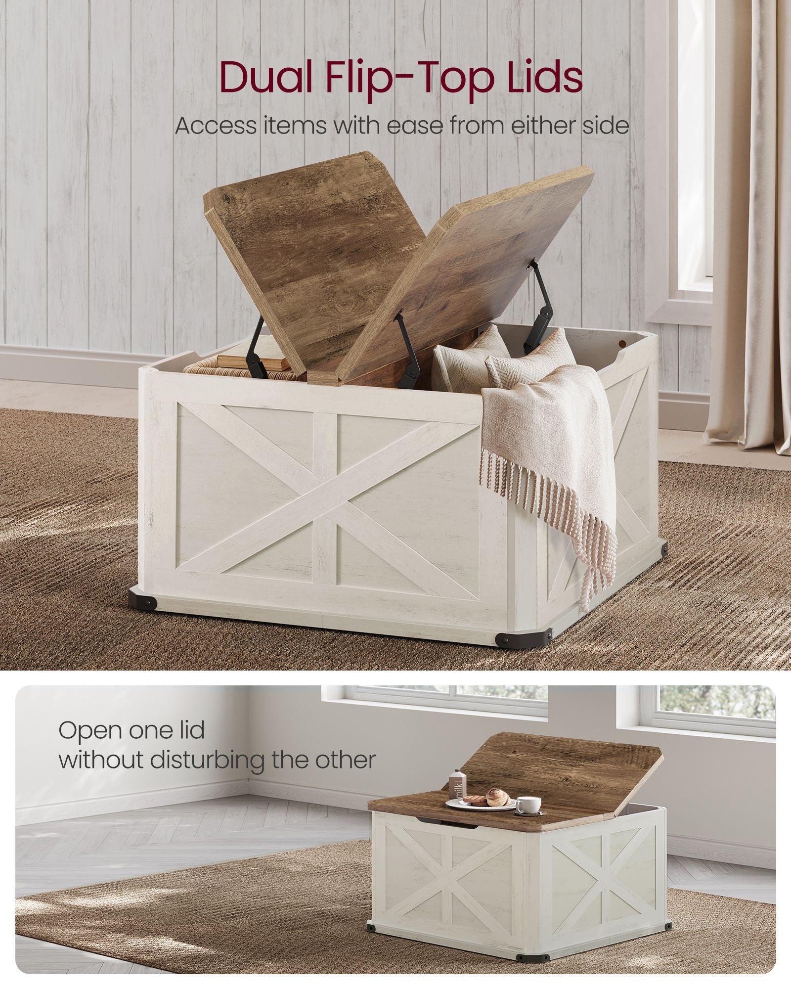 Farmhouse Coffee Table – Square Storage Trunk – Flip-Top Design – 56 Gal Capacity