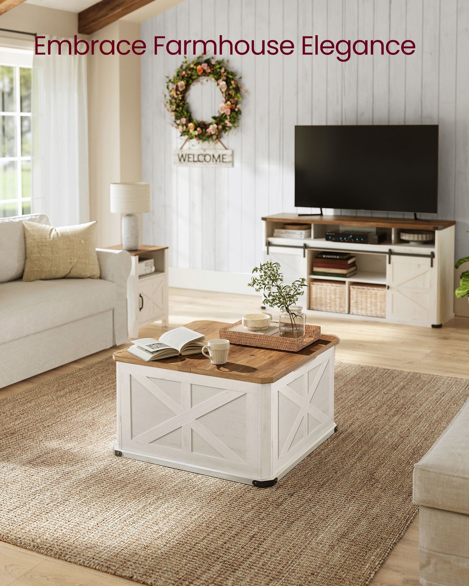 Farmhouse Coffee Table – Square Storage Trunk – Flip-Top Design – 56 Gal Capacity