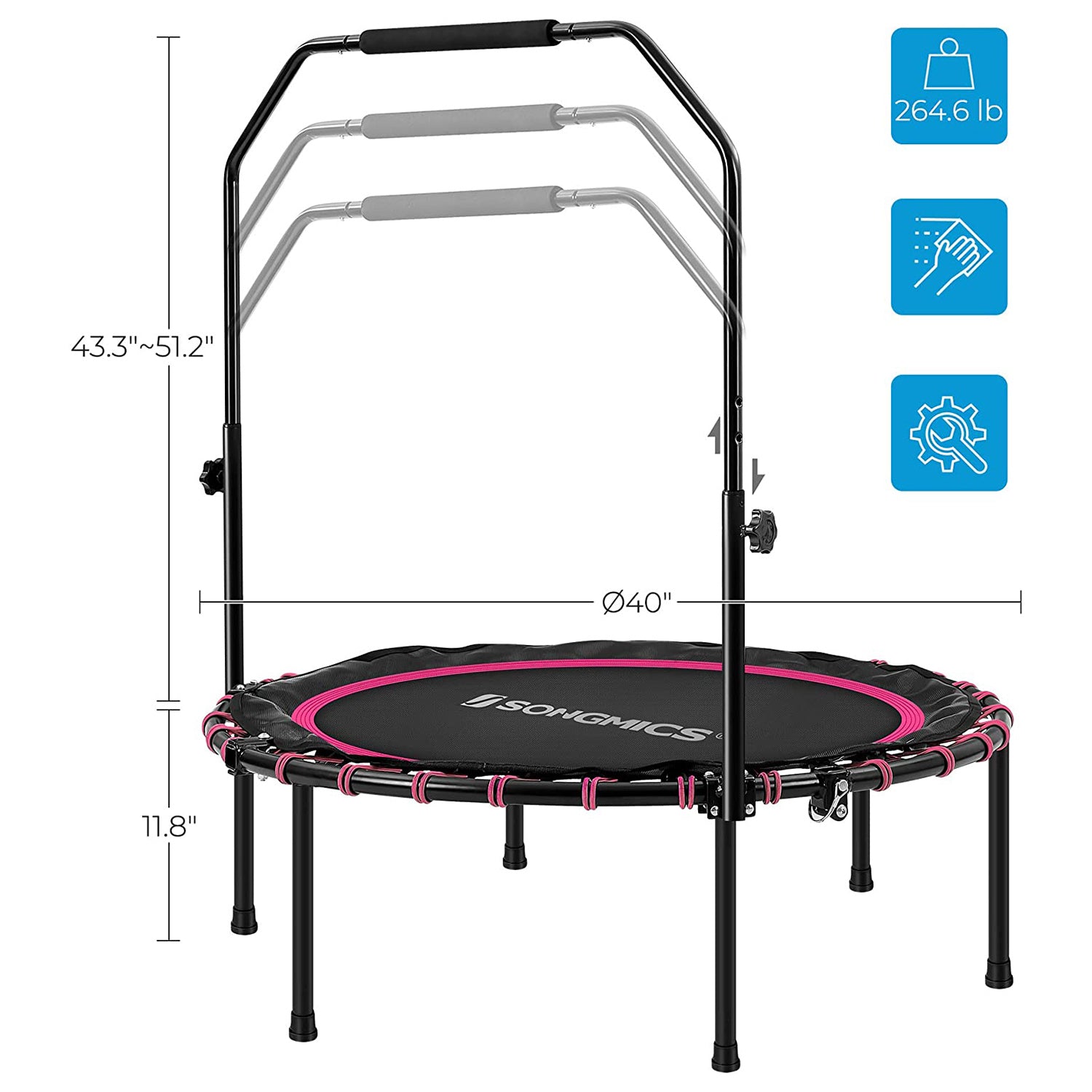 Fitness trampoline – foldable 40" – adjustable handrail – indoor cardio workout