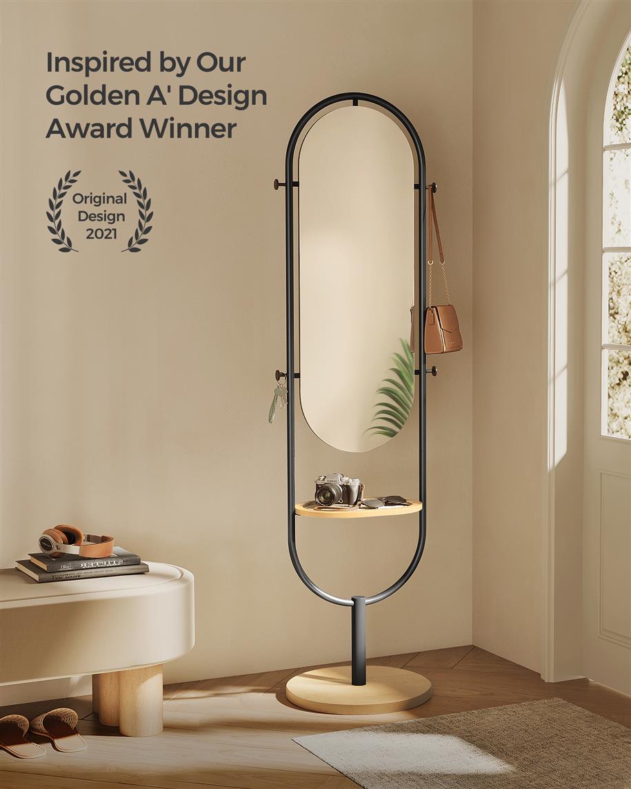 Full-Length Mirror with Hooks and Tray - Standing Frame - Rattan Shelf