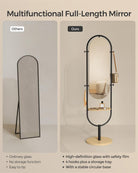 Full-Length Mirror with Hooks and Tray - Standing Frame - Rattan Shelf