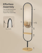 Full-Length Mirror with Hooks and Tray - Standing Frame - Rattan Shelf