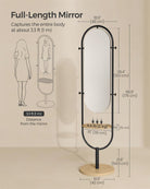 Full-Length Mirror with Hooks and Tray - Standing Frame - Rattan Shelf