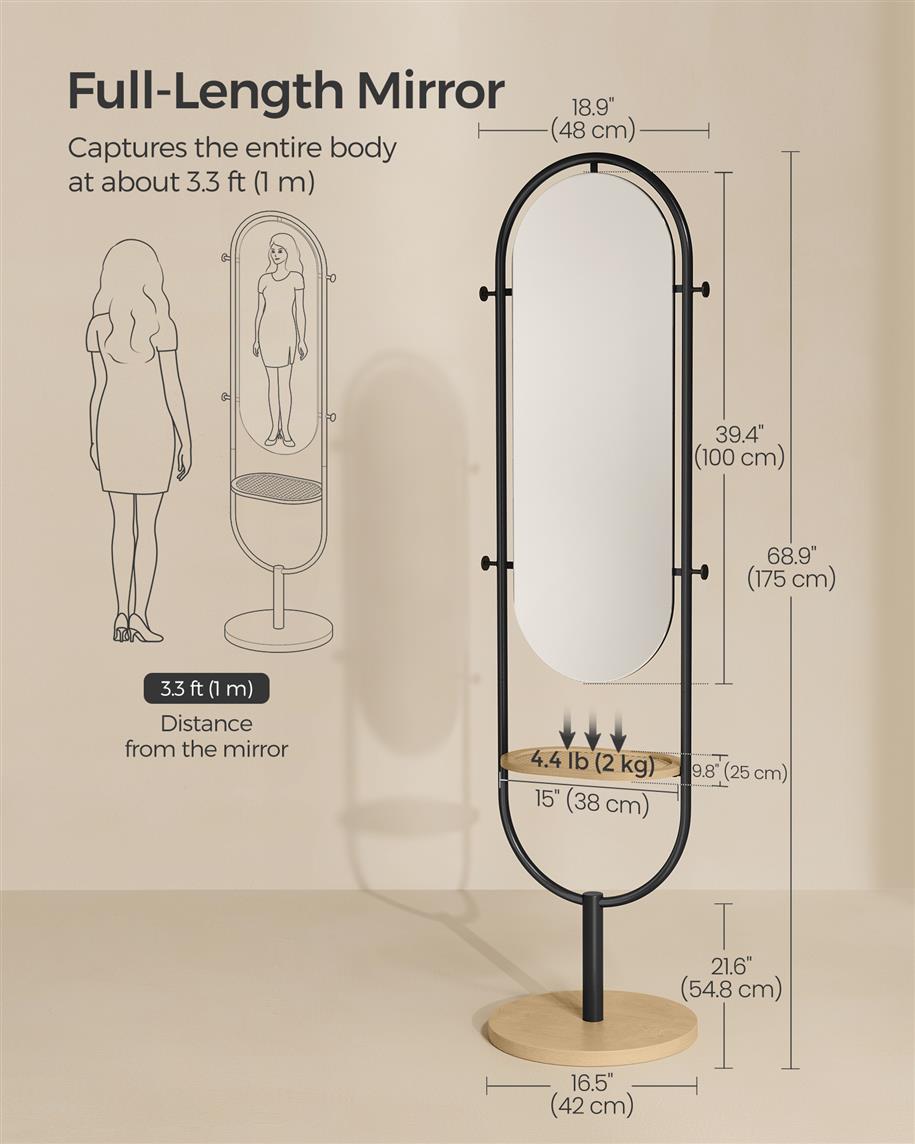 Full-Length Mirror with Hooks and Tray - Standing Frame - Rattan Shelf