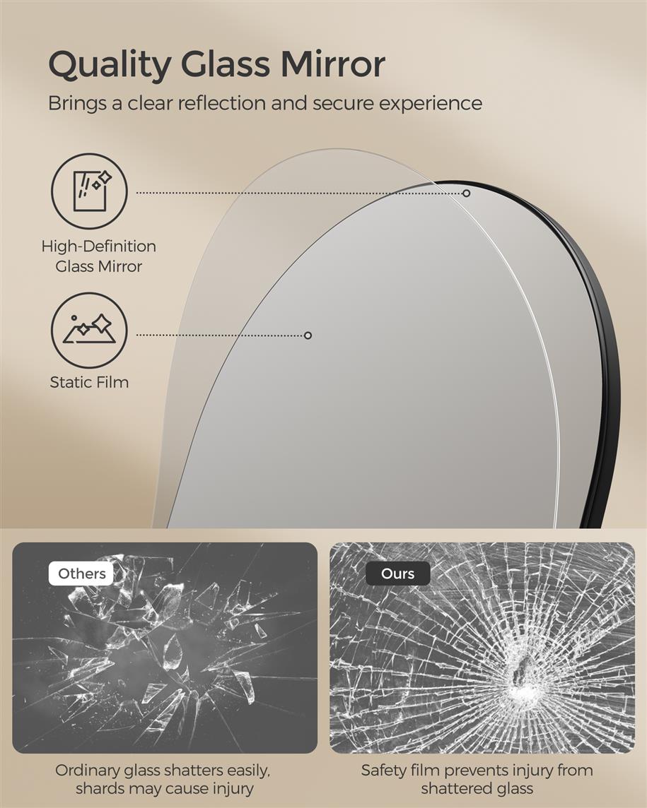 Full-Length Mirror with Hooks and Tray - Standing Frame - Rattan Shelf