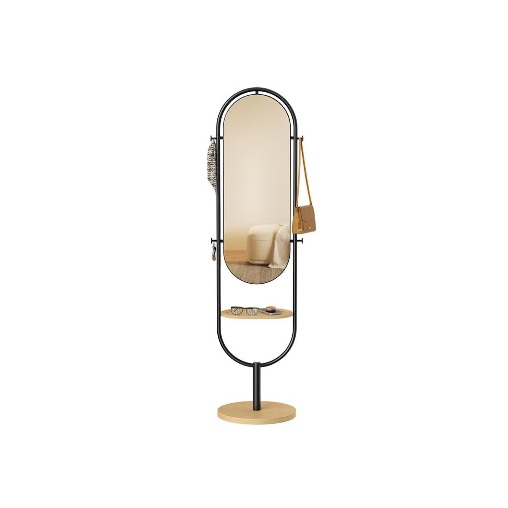 Full-Length Mirror with Hooks and Tray - Standing Frame - Rattan Shelf