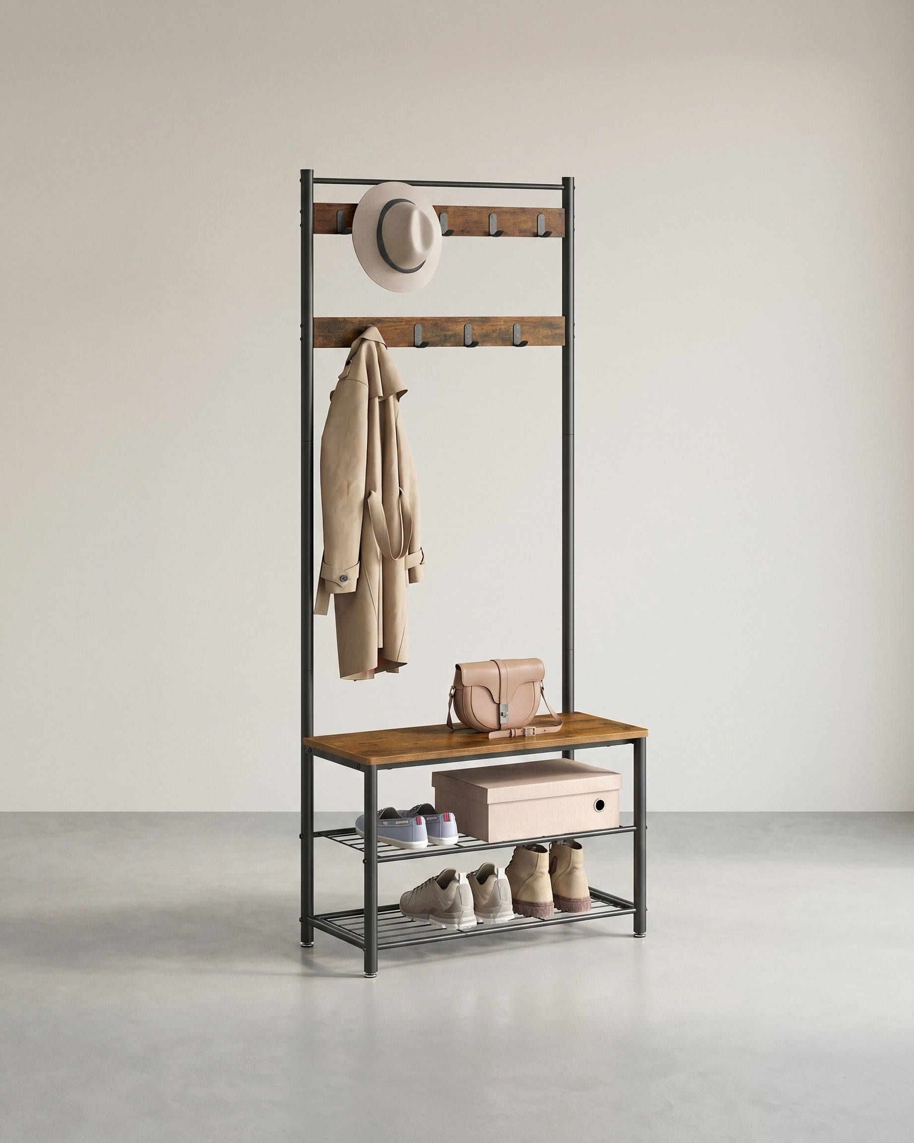 Kapstok met Bank – 3-in-1 Garderoberek – Jassen, Schoenen & Zitbank – 70 x 32 x 175 cm