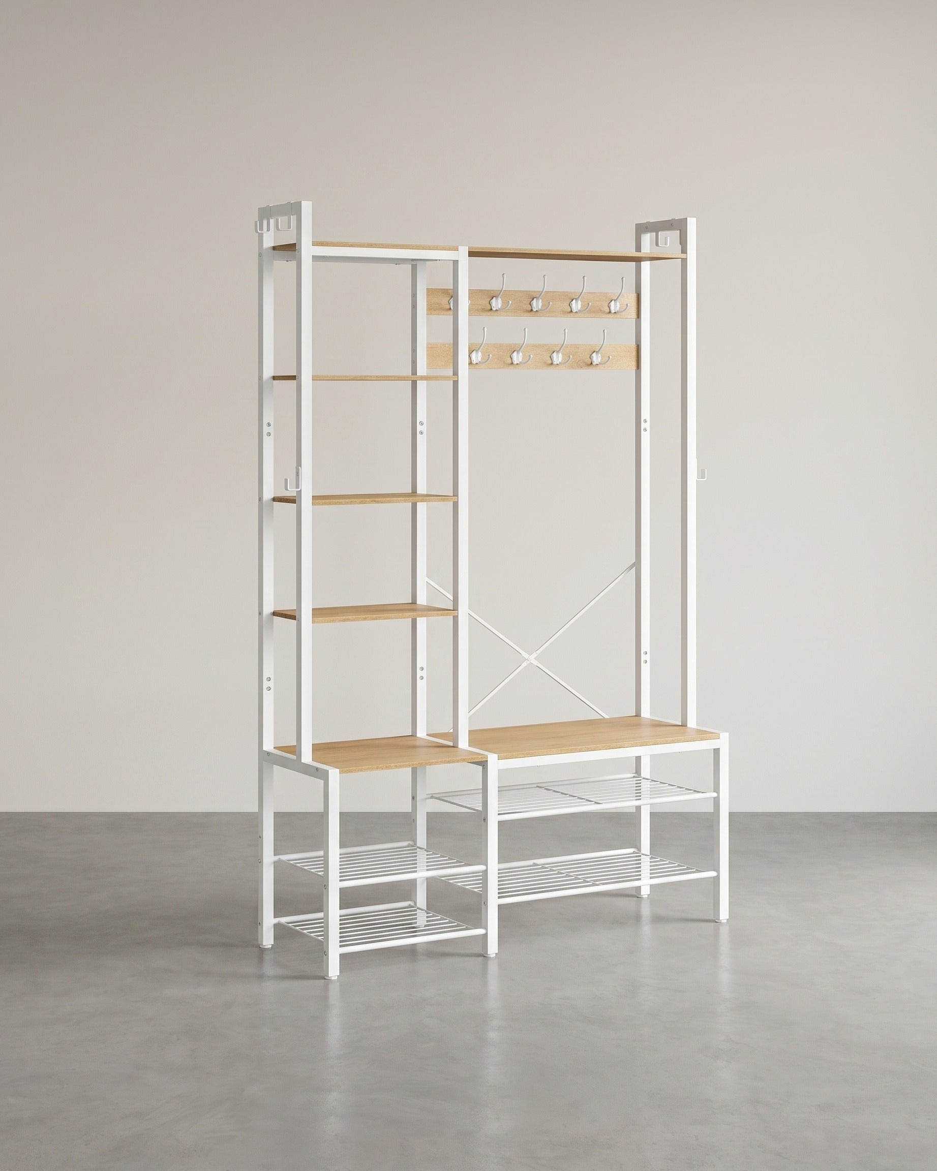 Kapstok met Bank en Schoenenrek – 4-in-1 Ontwerp – 9 Haken, 5 Planken en Opbergruimte