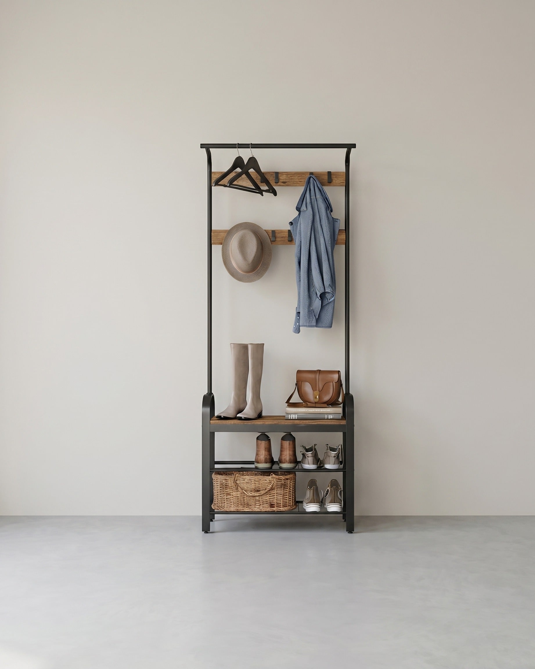 4-in-1 Garderoberek met Kapstok, Kledingstang, Zitbank en Schoenenrek – Industriële Stijl, Stevig Staal en Hout