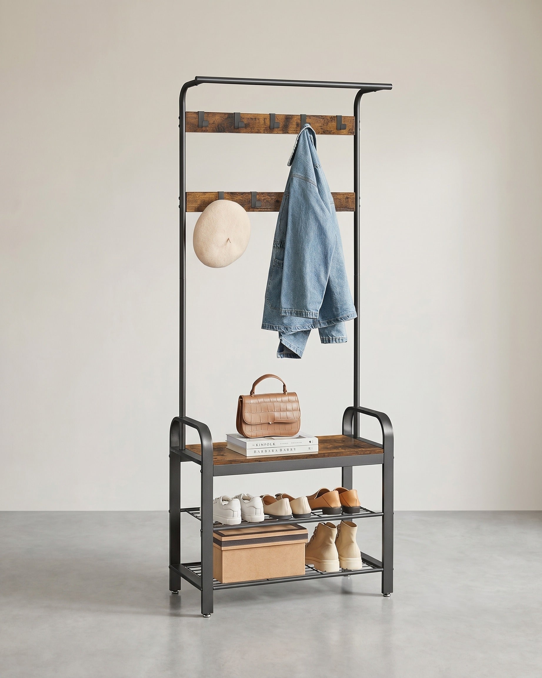 4-in-1 Garderoberek met Kapstok, Kledingstang, Zitbank en Schoenenrek – Industriële Stijl, Stevig Staal en Hout