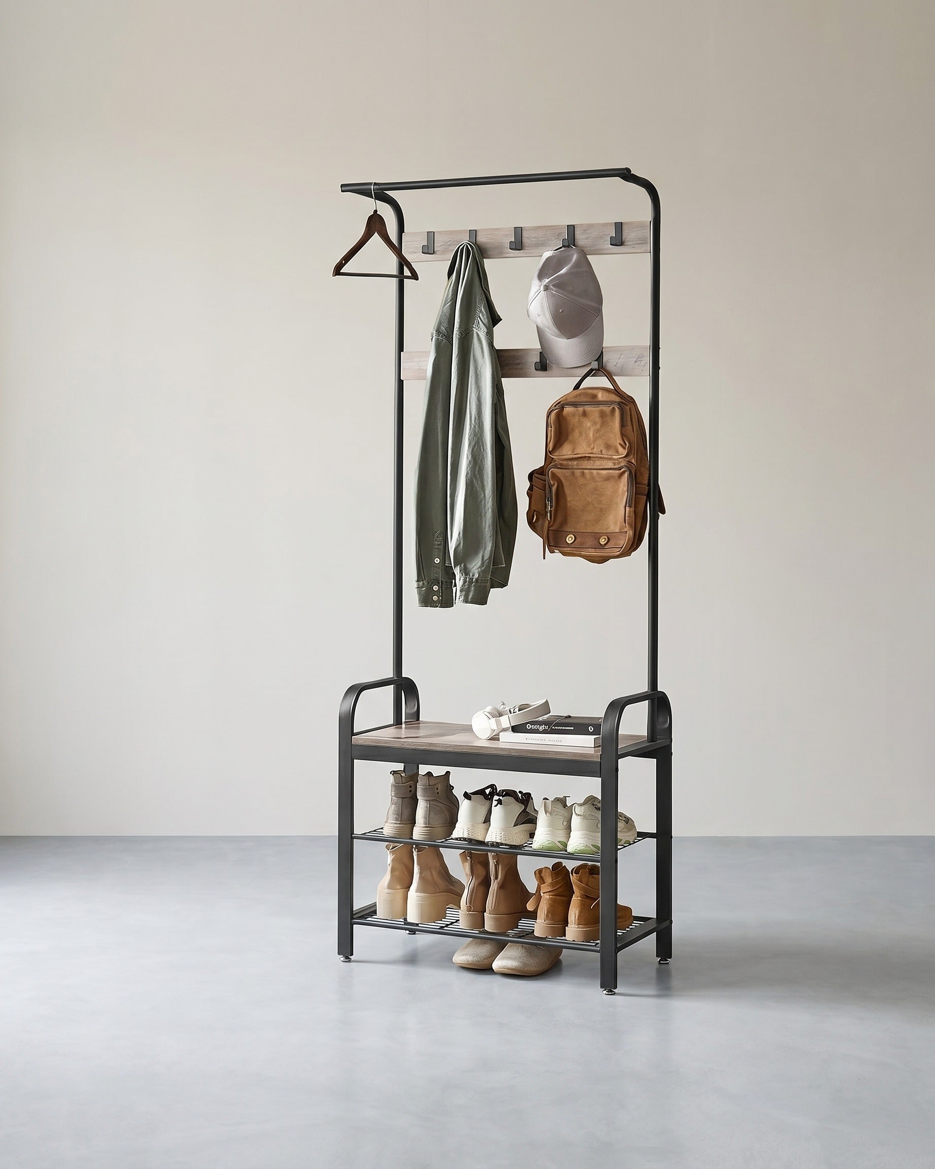 4-in-1 Garderoberek met Kapstok, Kledingstang, Zitbank en Schoenenrek – Industriële Stijl, Stevig Staal en Hout