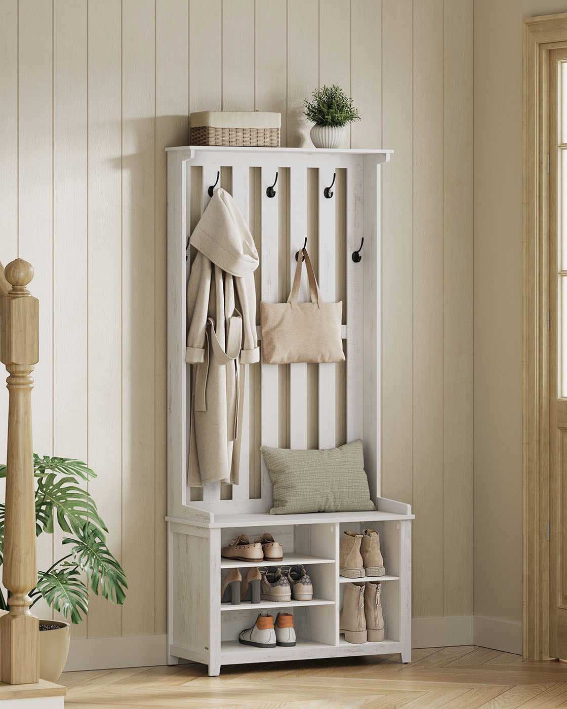 Hall Tree with Bench, Shoe Storage, 7 Double Hooks, Adjustable Shelves, Entryway Organizer