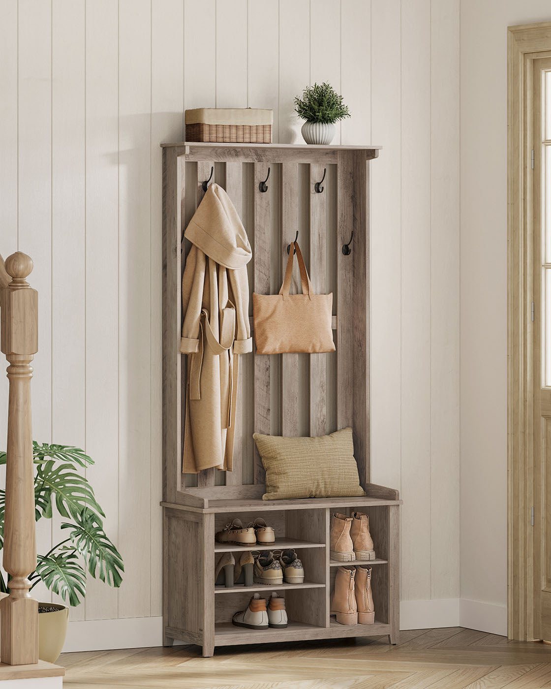 Hall Tree with Bench, Shoe Storage, 7 Double Hooks, Adjustable Shelves, Entryway Organizer