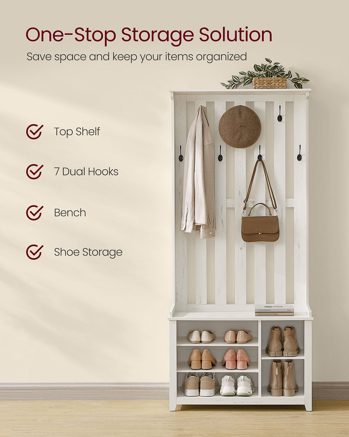 Hall Tree with Bench, Shoe Storage, 7 Double Hooks, Adjustable Shelves, Entryway Organizer
