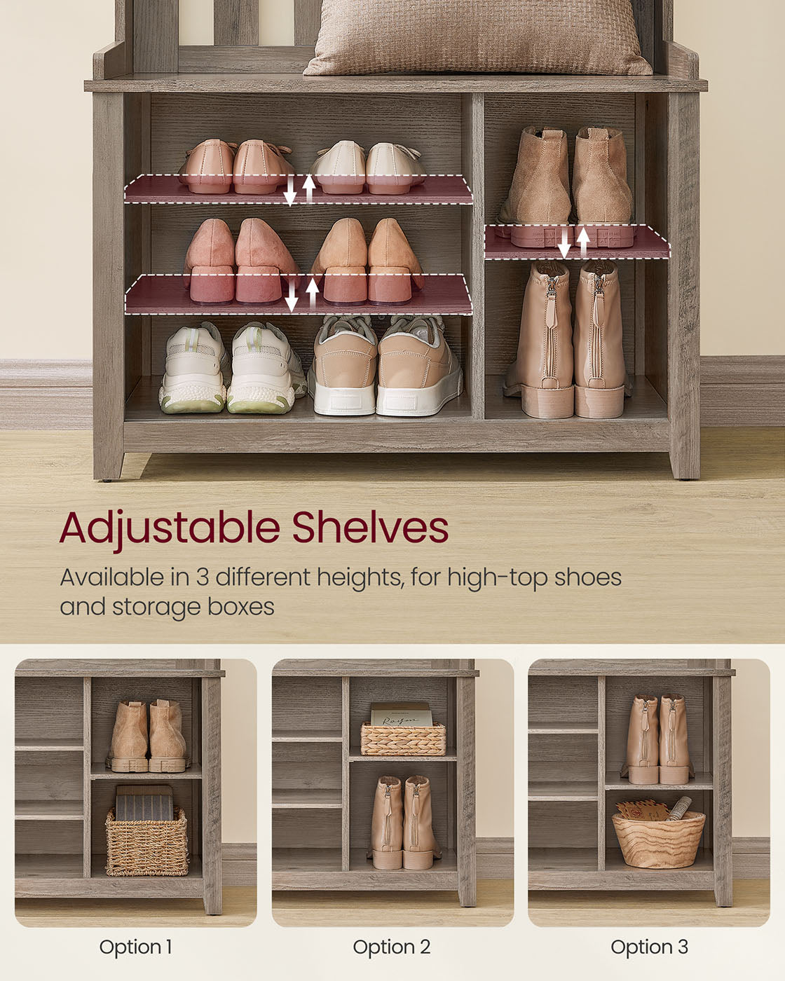 Hall Tree with Bench, Shoe Storage, 7 Double Hooks, Adjustable Shelves, Entryway Organizer