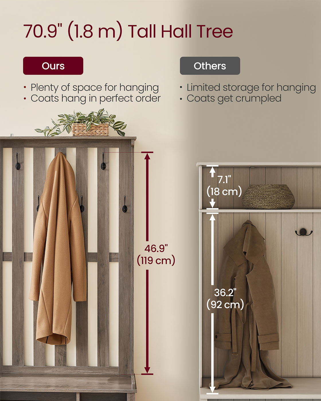 Hall Tree with Bench, Shoe Storage, 7 Double Hooks, Adjustable Shelves, Entryway Organizer