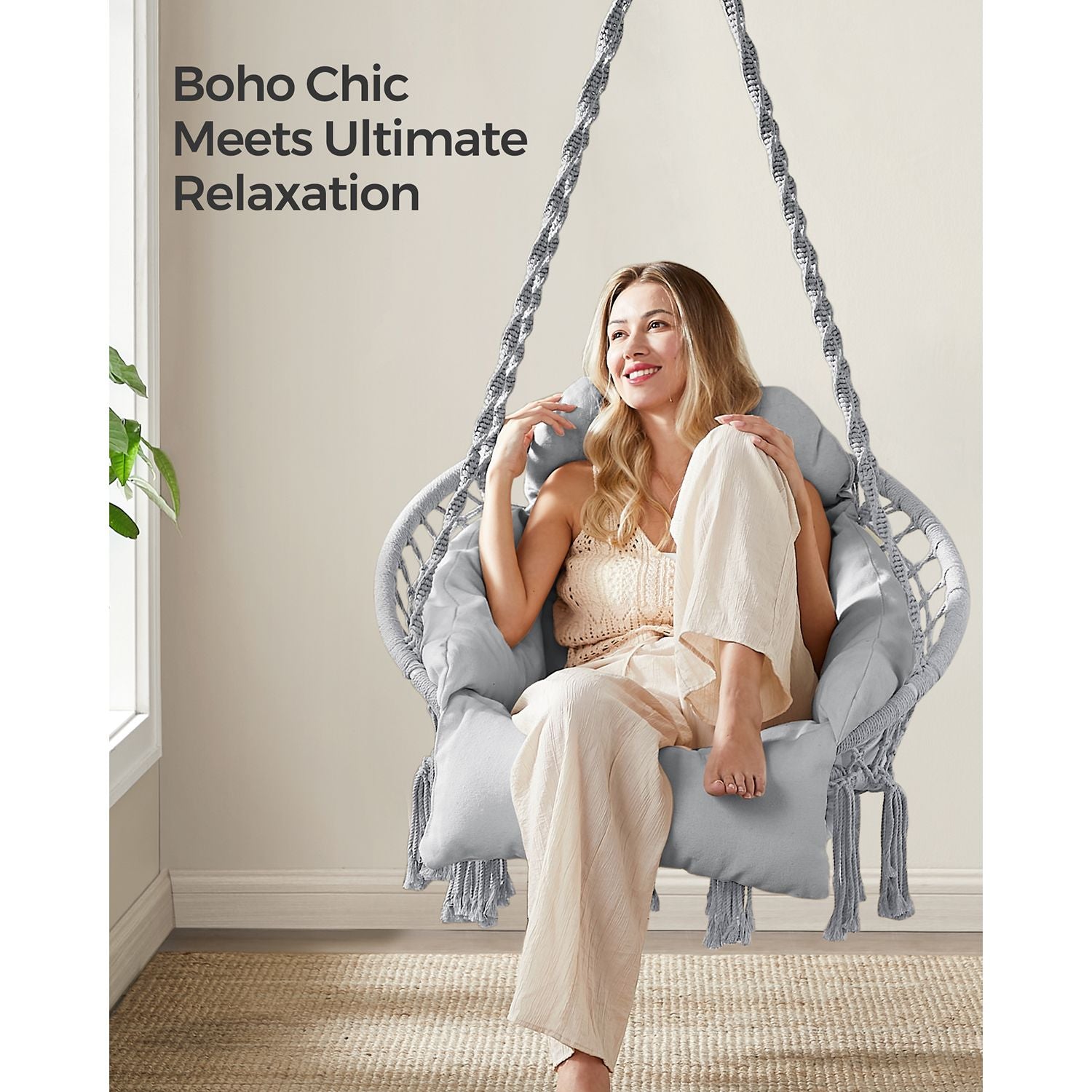 Hanging chair – boho hammock style – large cushion – max 264 lb