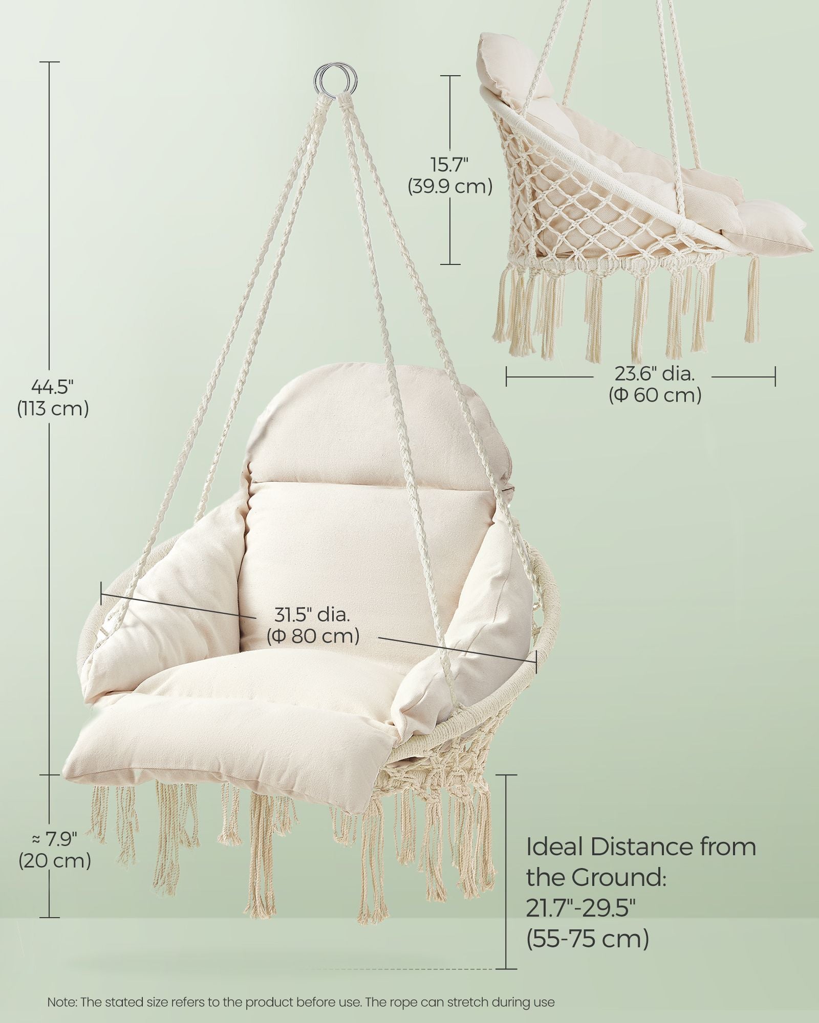 Hanging chair – boho hammock style – large cushion – max 264 lb