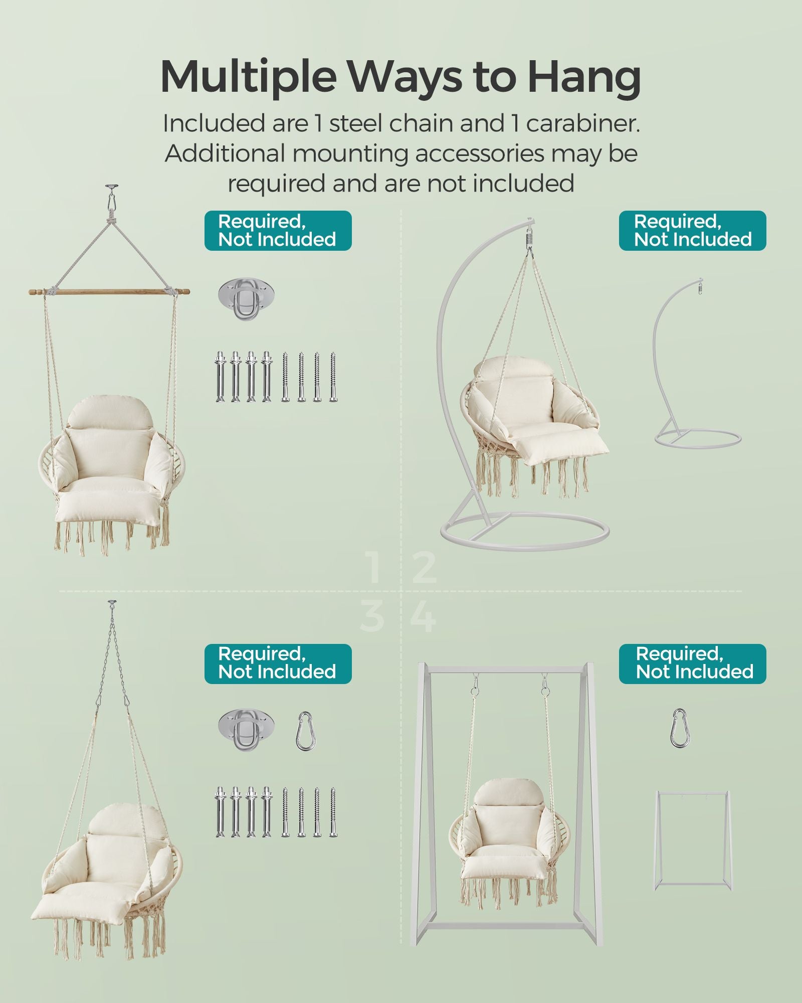 Hanging chair – boho hammock style – large cushion – max 264 lb