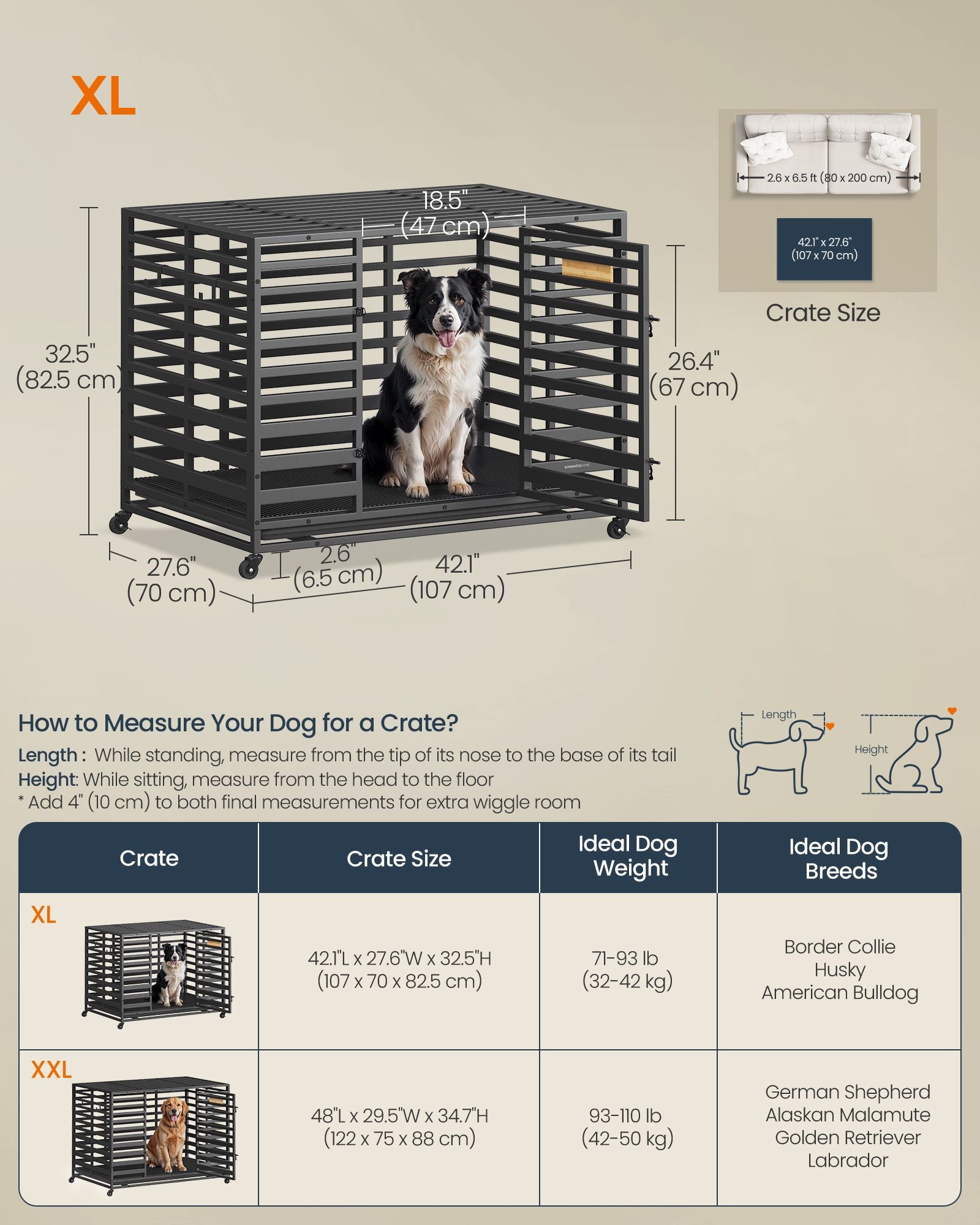Heavy-Duty Dog Crate – Expandable Steel Kennel – 2 Sizes Available with Wheels and Tray