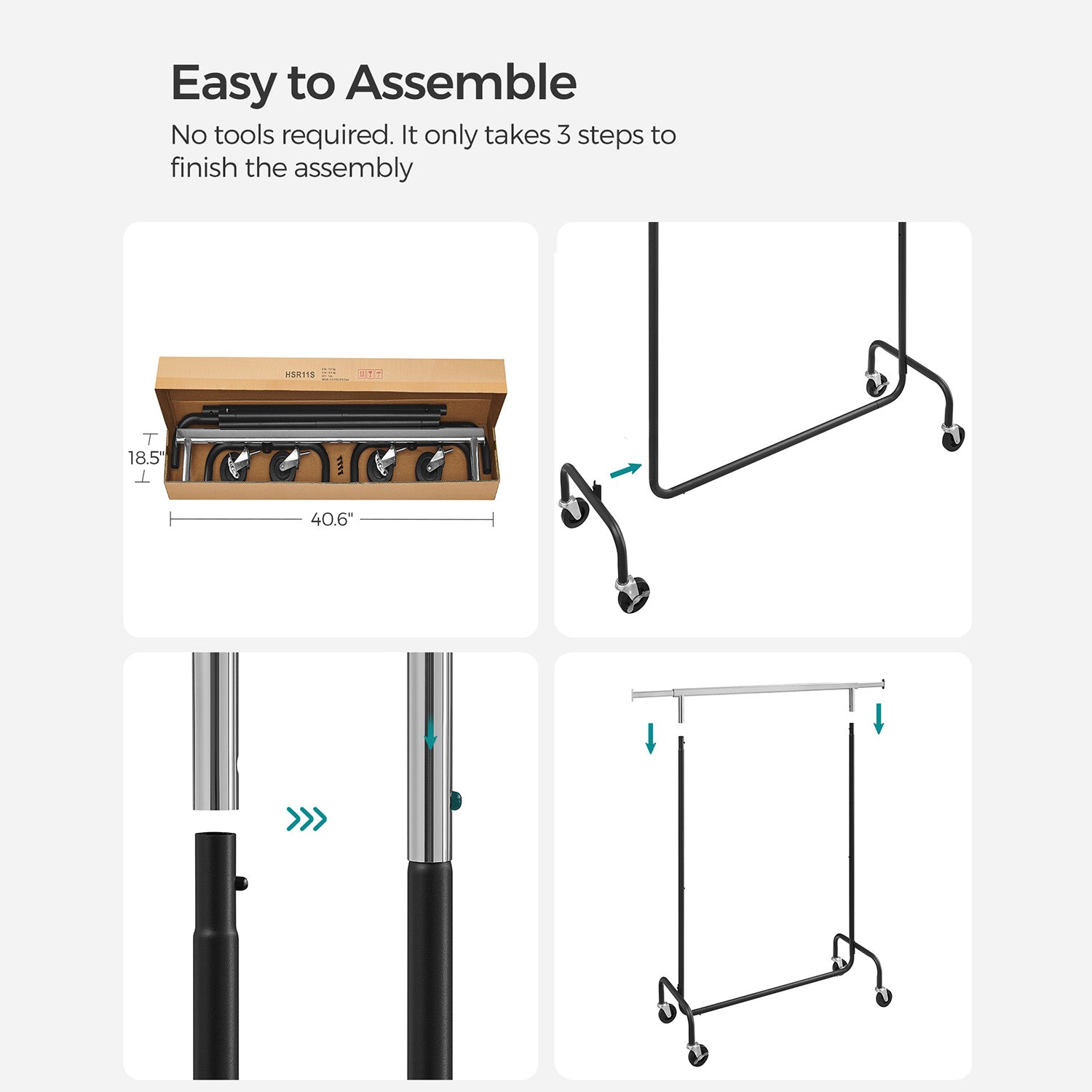 Heavy-duty clothes rack with extendable rod – rolling garment rack with lockable wheels – max load 286.6 lb