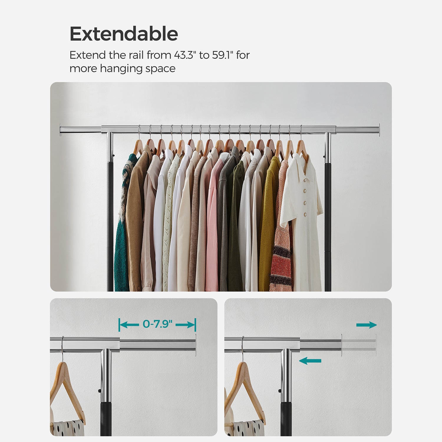 Heavy-duty clothes rack with extendable rod – rolling garment rack with lockable wheels – max load 286.6 lb