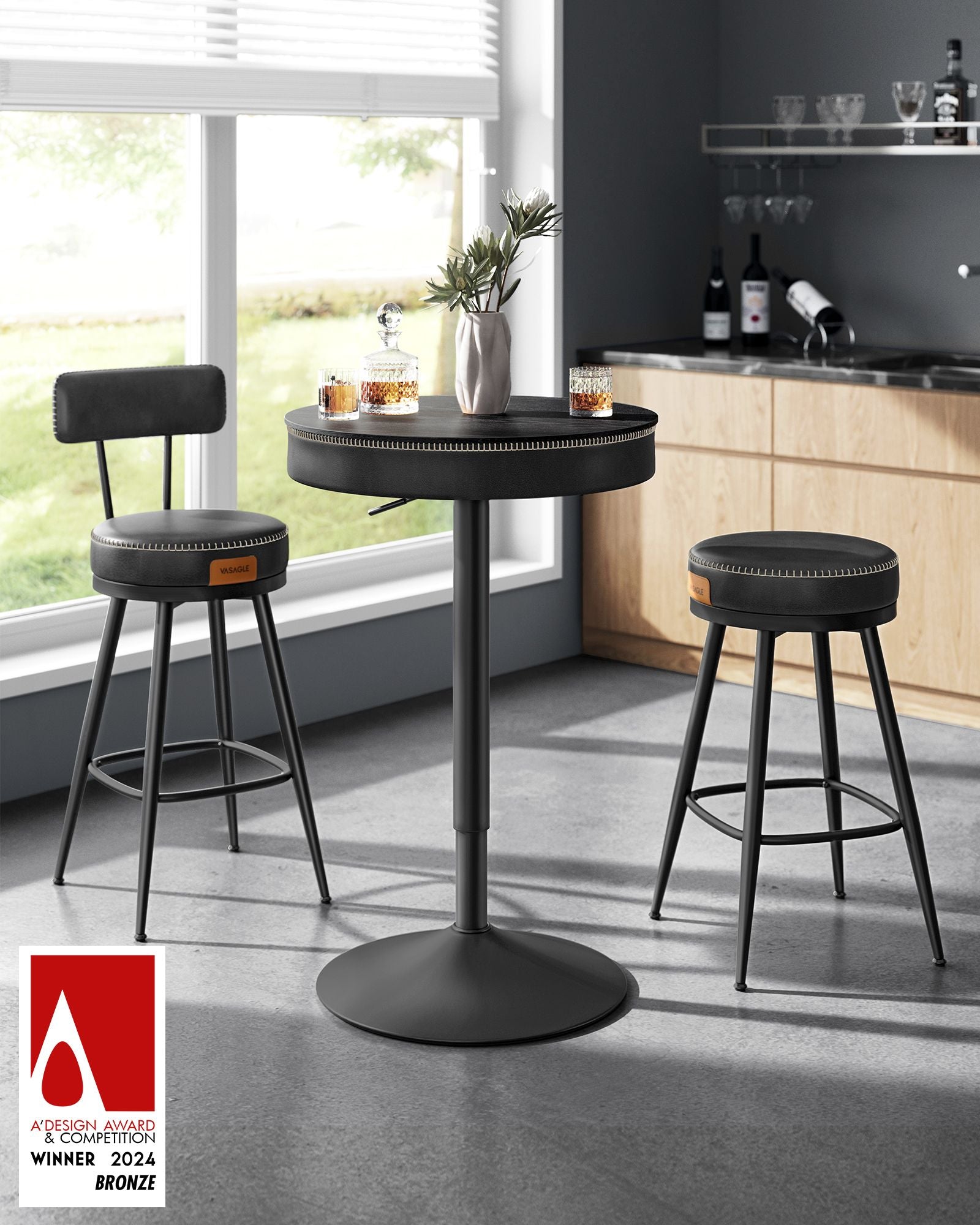 Height-Adjustable Bar Table, Hidden Storage, 23.1" Dia., 32.7"–41.3" H, Round
