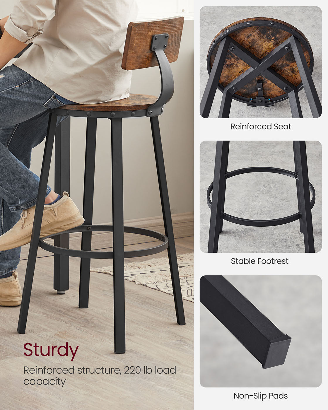 Industrial bar stools – set of 2 – rustic brown – 28.7" seat height