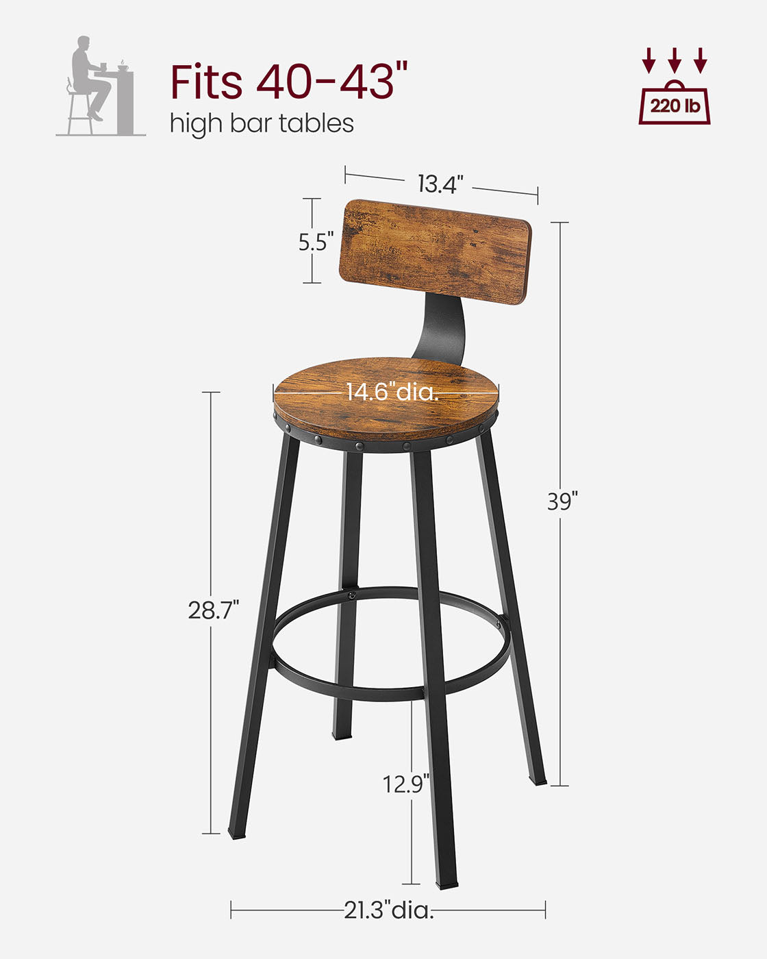 Industrial bar stools – set of 2 – rustic brown – 28.7" seat height