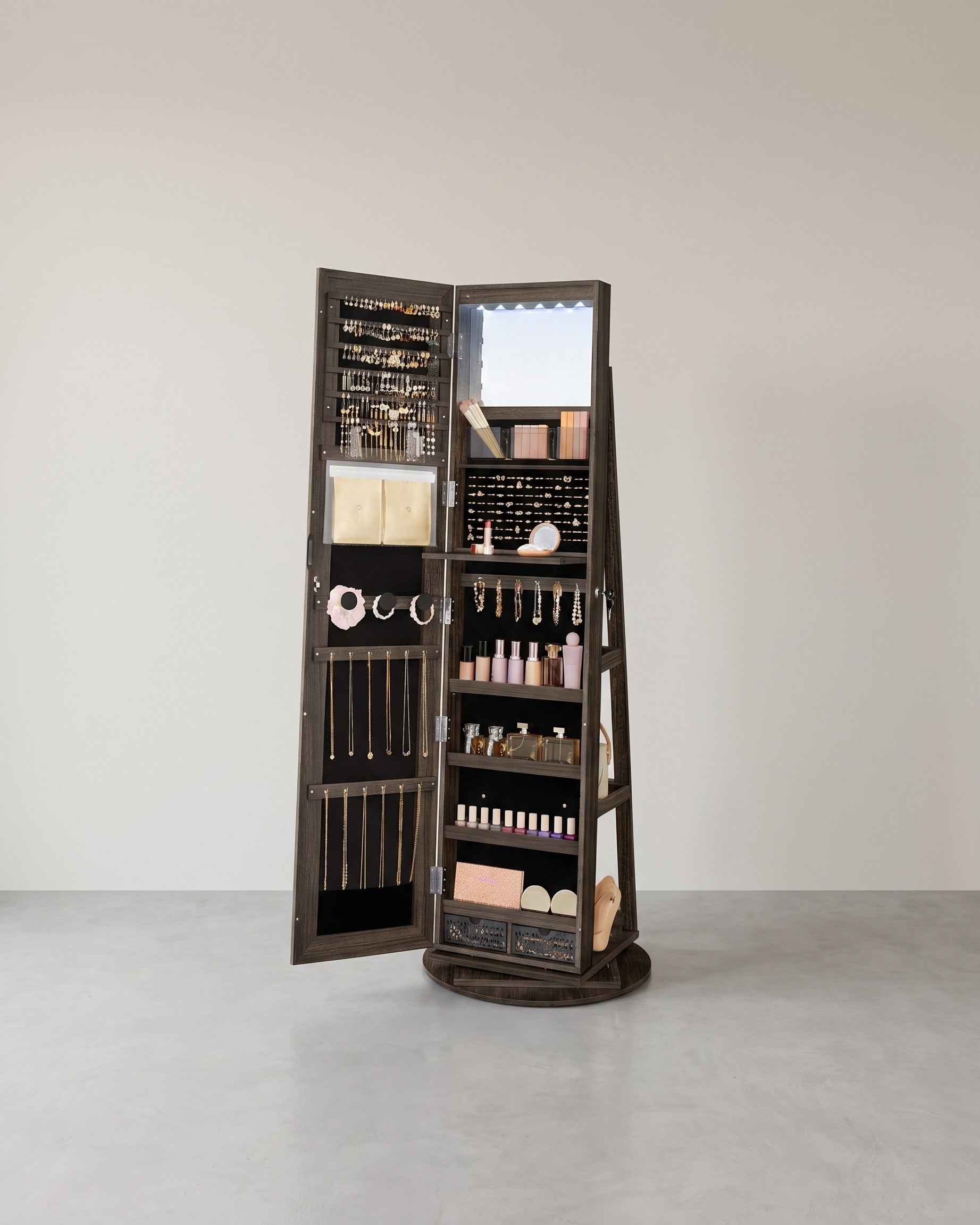 Sieradenkast Met Spiegel – Frameloze Full-Body Spiegel – 360° Draaibaar – Afsluitbaar – Met Ledverlichting En Opklapbare Make-Uptafel