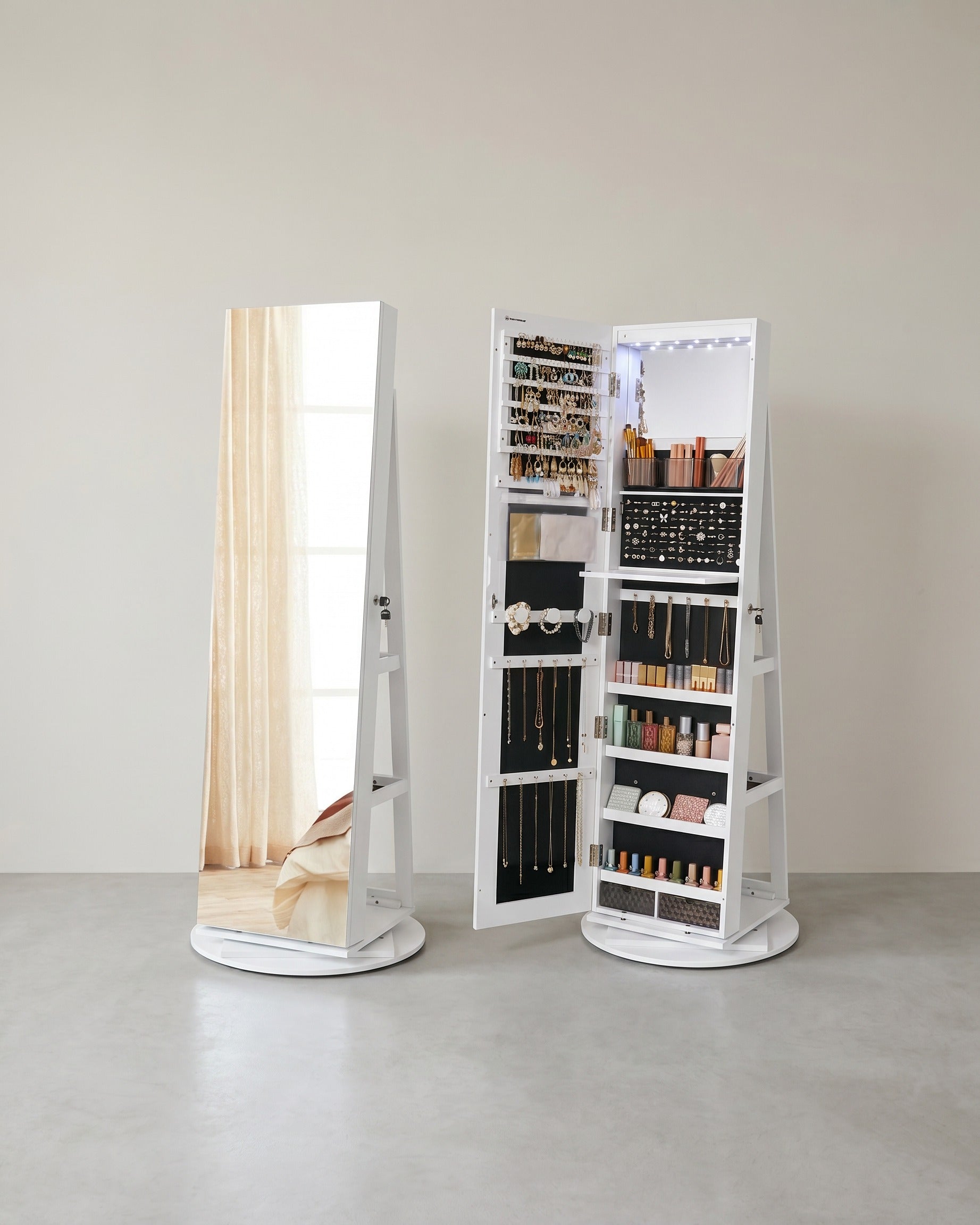Sieradenkast Met Spiegel – Frameloze Full-Body Spiegel – 360° Draaibaar – Afsluitbaar – Met Ledverlichting En Opklapbare Make-Uptafel