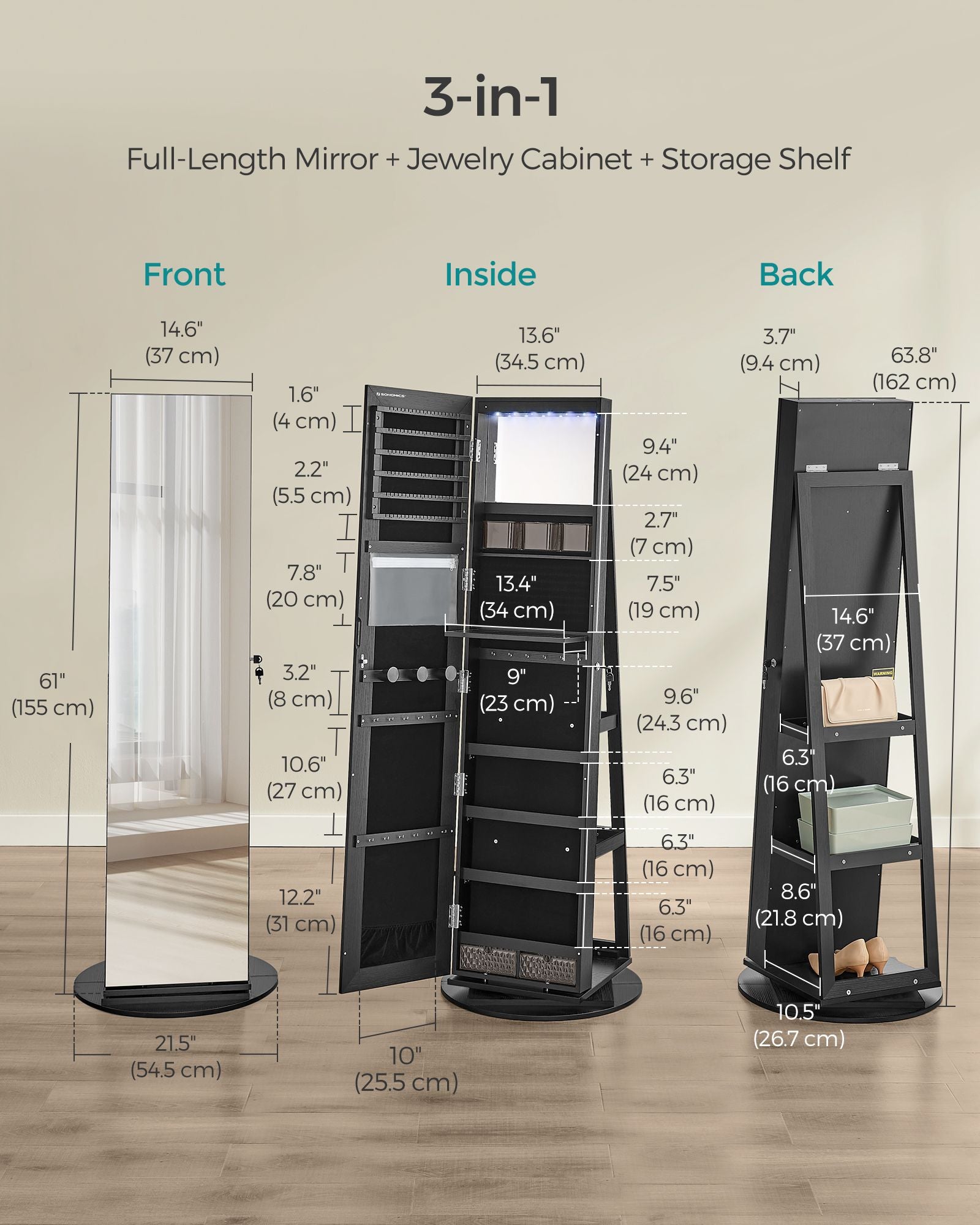 Jewelry cabinet with mirror - led lighting - velvet lined - standing organizer