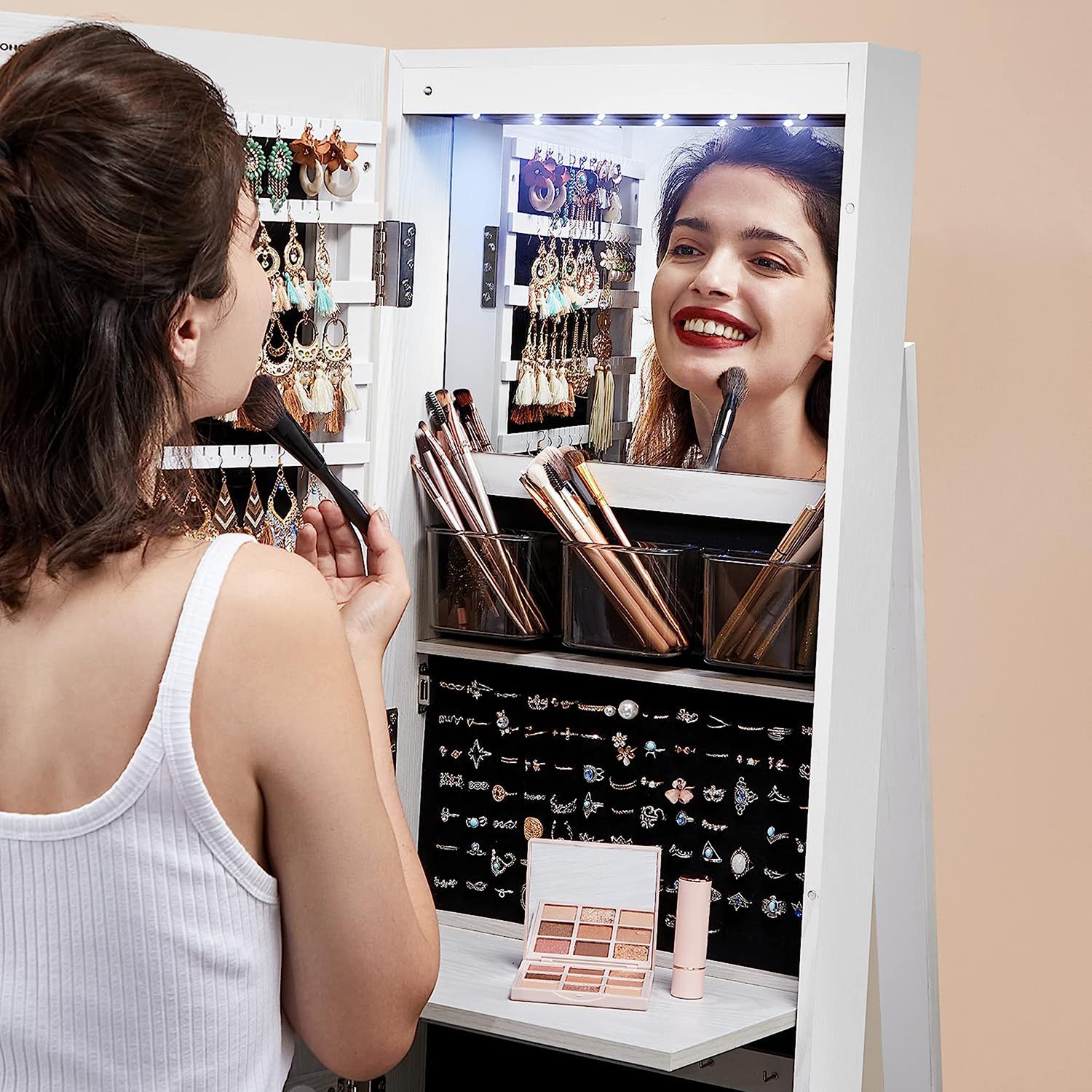 Jewelry cabinet with mirror - led lighting - velvet lined - standing organizer