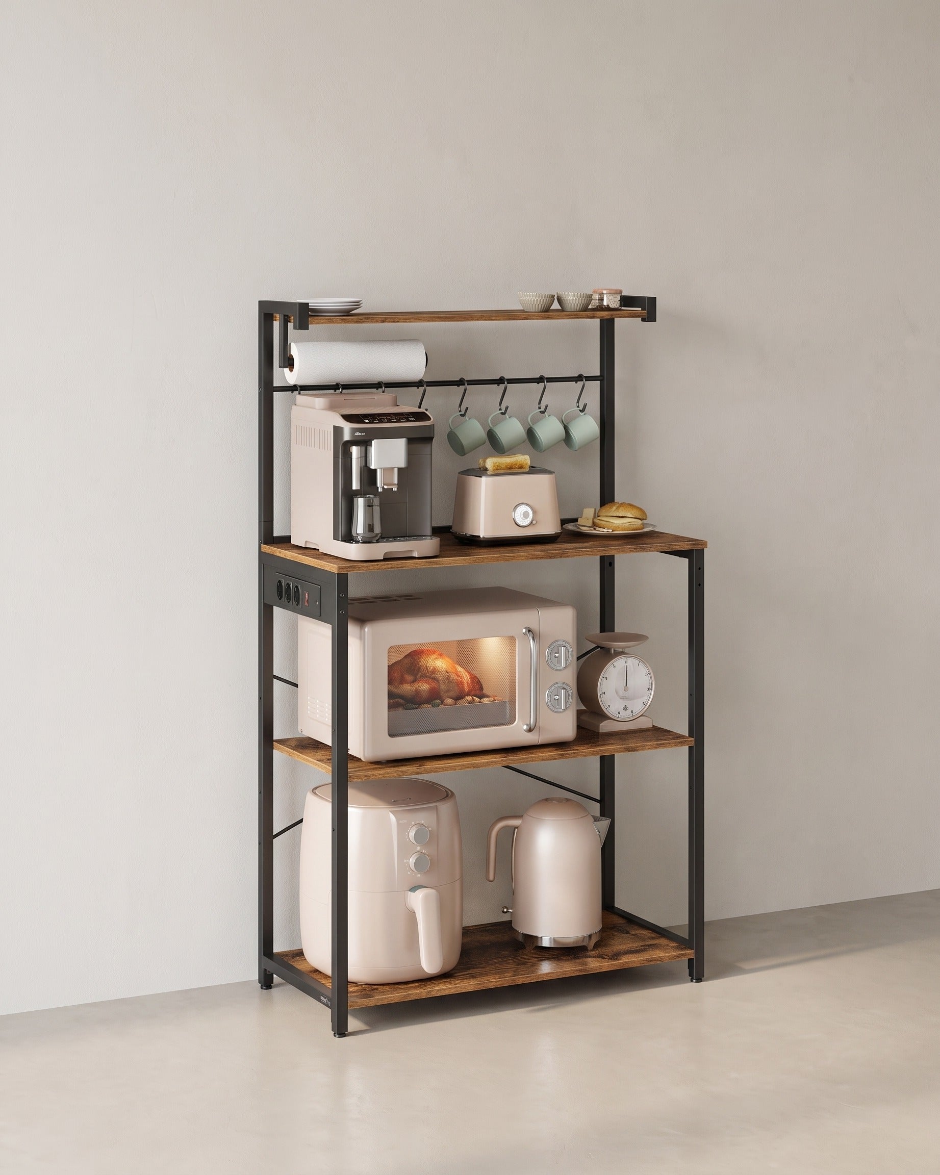 Staand Keukenrek met Stopcontact – Magnetronrek met Verstelbare Plank – 60 x 40 x 140 cm – Industrieel Design