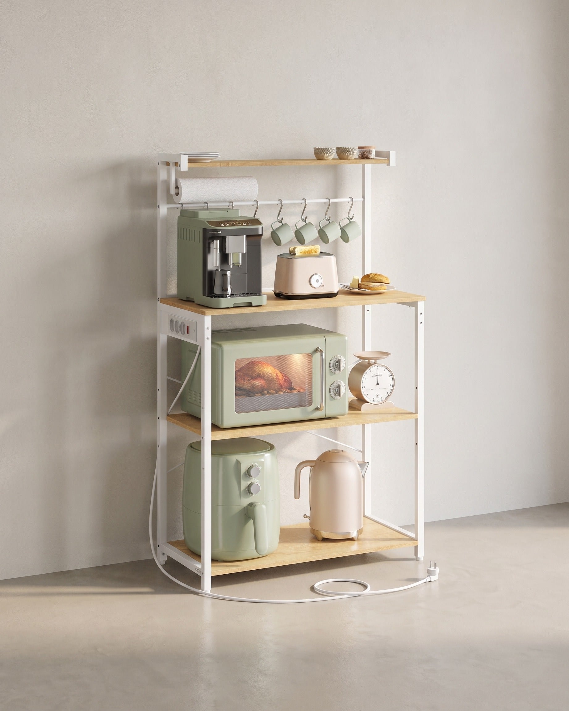 Staand Keukenrek met Stopcontact – Magnetronrek met Verstelbare Plank – 60 x 40 x 140 cm – Industrieel Design
