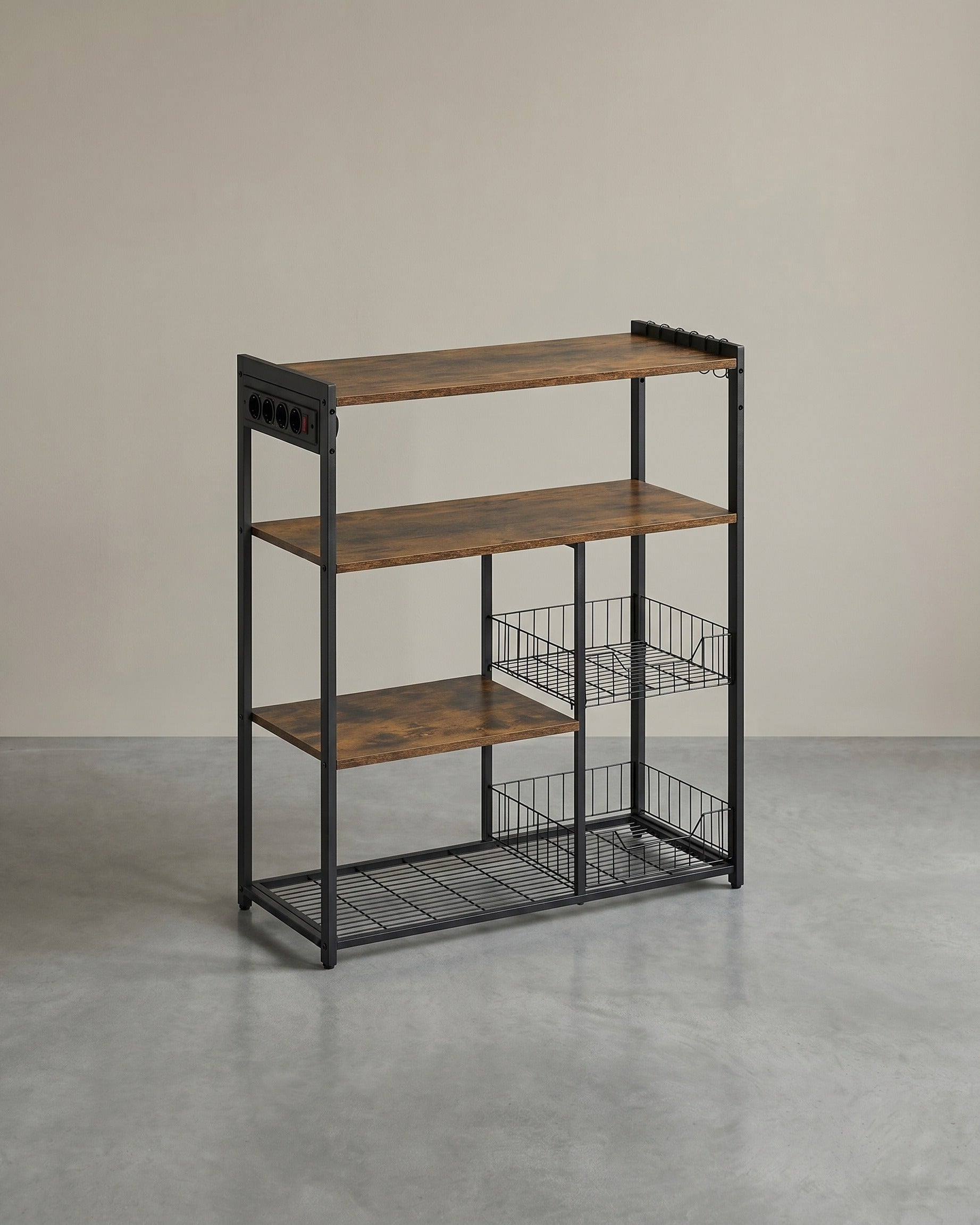 Keukenrek met Stopcontact – 80 cm Breed – Met Gaasmanden, 6 Haken en Meerdere Planken – Magnetronrek met Industriële Look