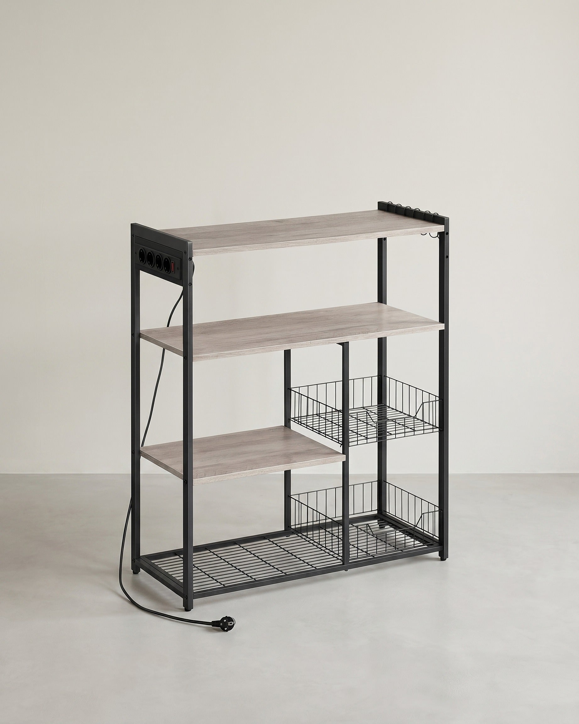 Keukenrek met Stopcontact – 80 cm Breed – Met Gaasmanden, 6 Haken en Meerdere Planken – Magnetronrek met Industriële Look