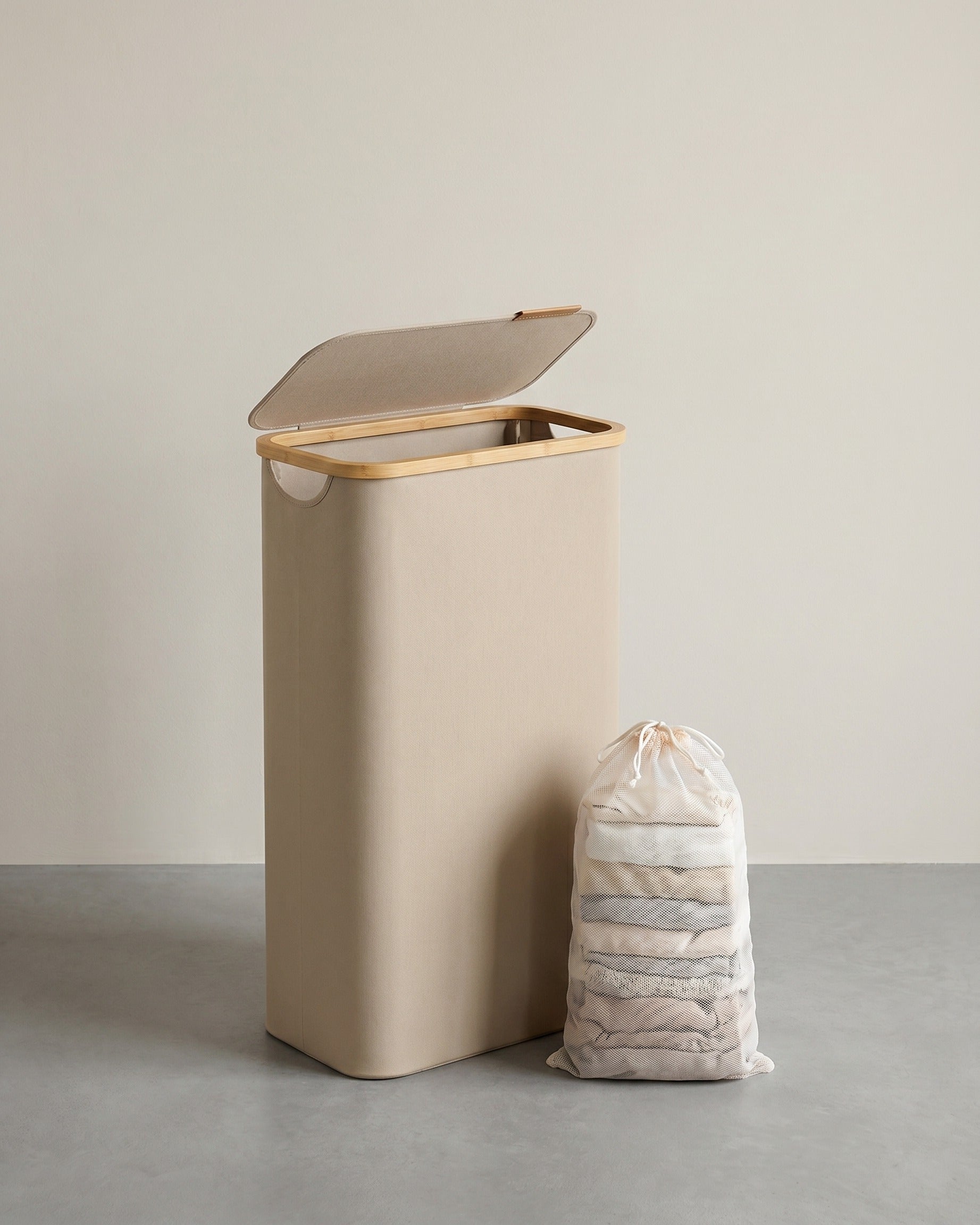 Wasmand – 65 liter – Deksel – Opvouwbaar – Uitneembare waszak – 600D Oxford-stof – Bamboe handvatten