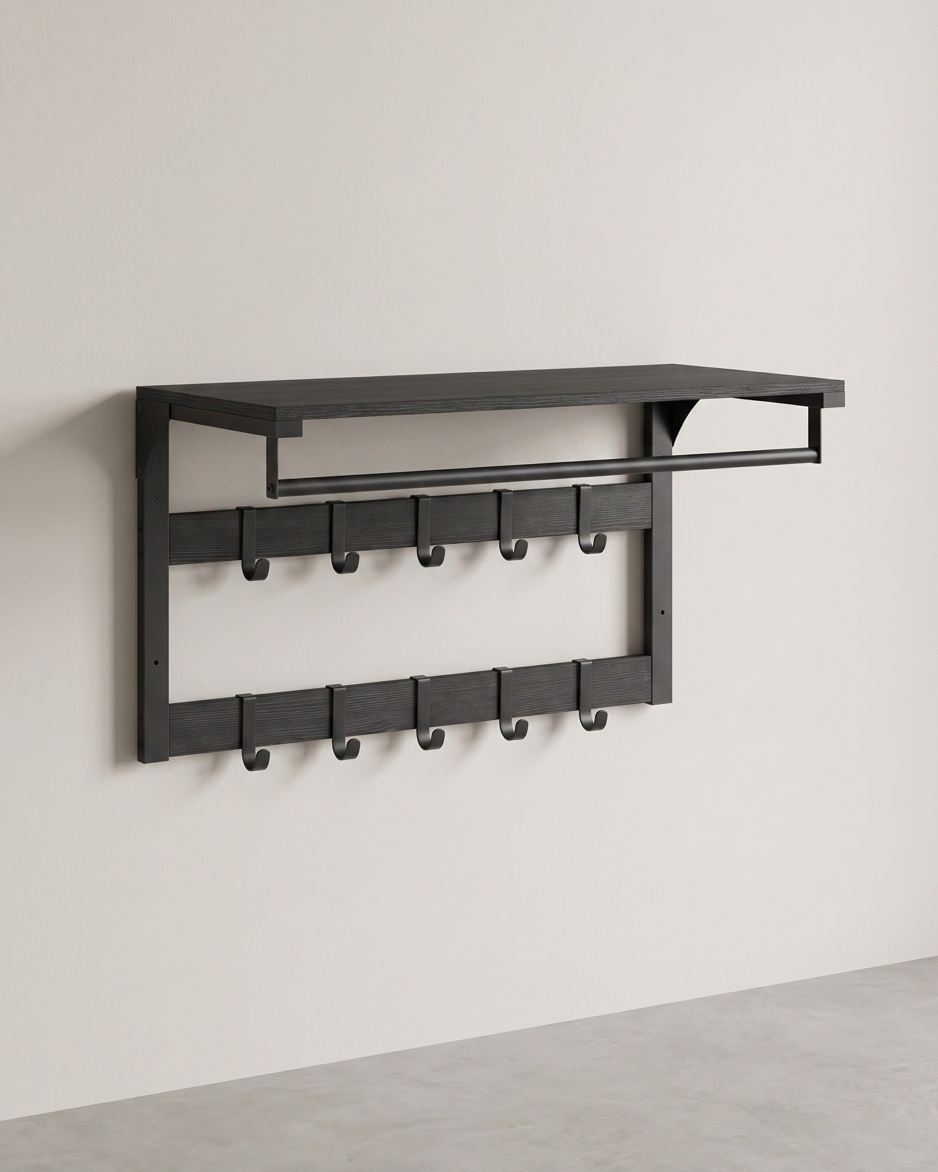 Wandkapstok – Industrieel Design – Met Legplank, Kledingstang en 10 Haken – Ruimtebesparend Wandrek