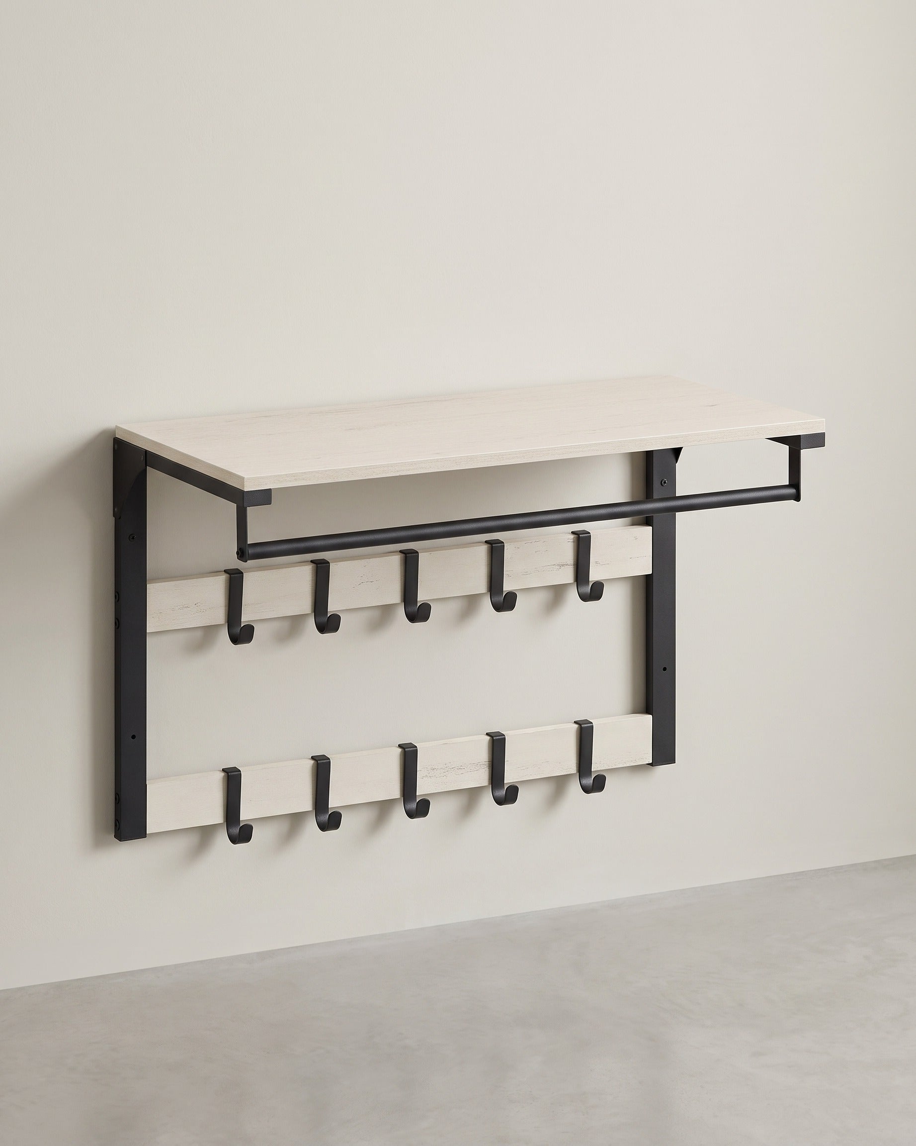 Wandkapstok – Industrieel Design – Met Legplank, Kledingstang en 10 Haken – Ruimtebesparend Wandrek