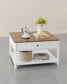 Salontafel met Lade - Bruin tafelblad - Wit onderstel - Koffietafel - 80 x 80 cm - De Vries Meubels