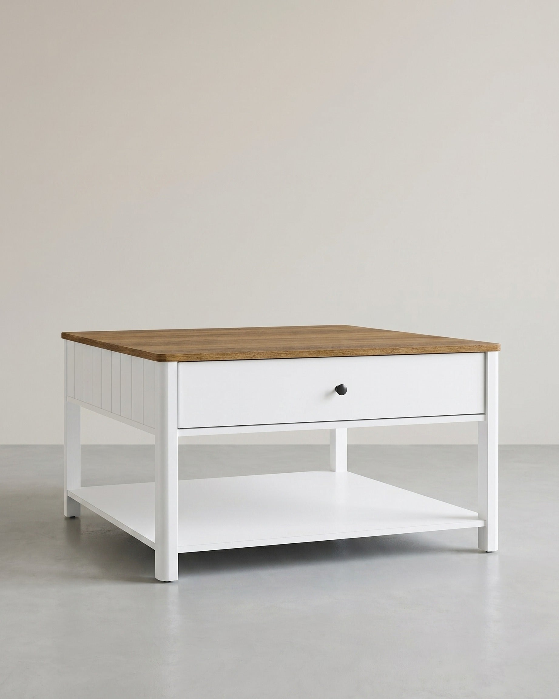 Salontafel met Lade - Bruin tafelblad - Wit onderstel - Koffietafel - 80 x 80 cm - De Vries Meubels