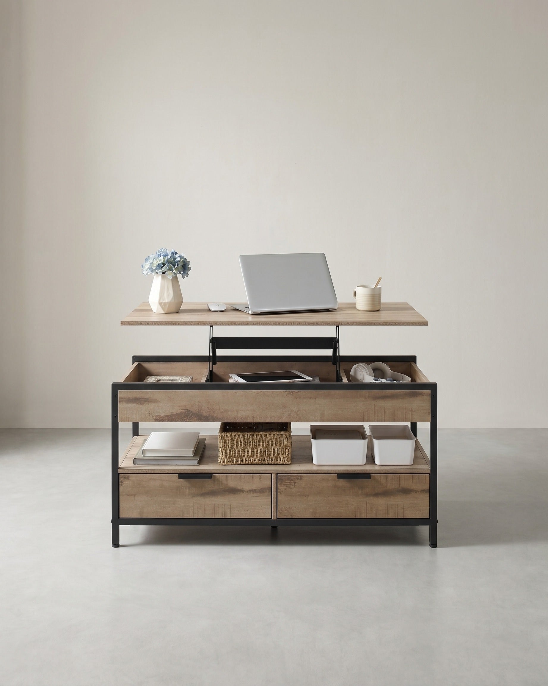 Salontafel met Verstelbaar Tafelblad – Industrieel Design – 100 cm Breed – Met Opbergruimte