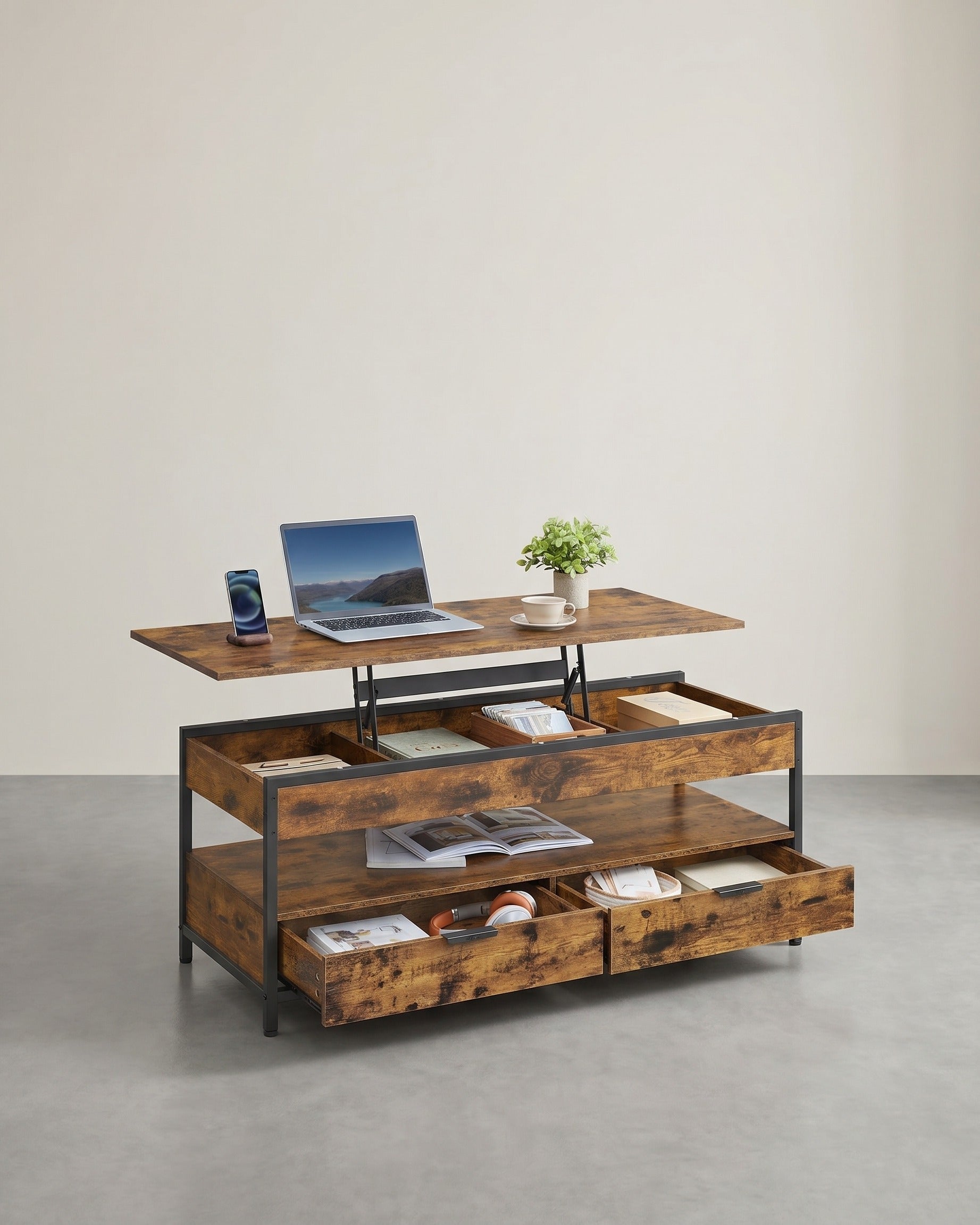 Industrieel Verstelbaar Salontafel met Lift-Top – 120 x 50 cm – Met Lades en Verborgen Opbergruimte