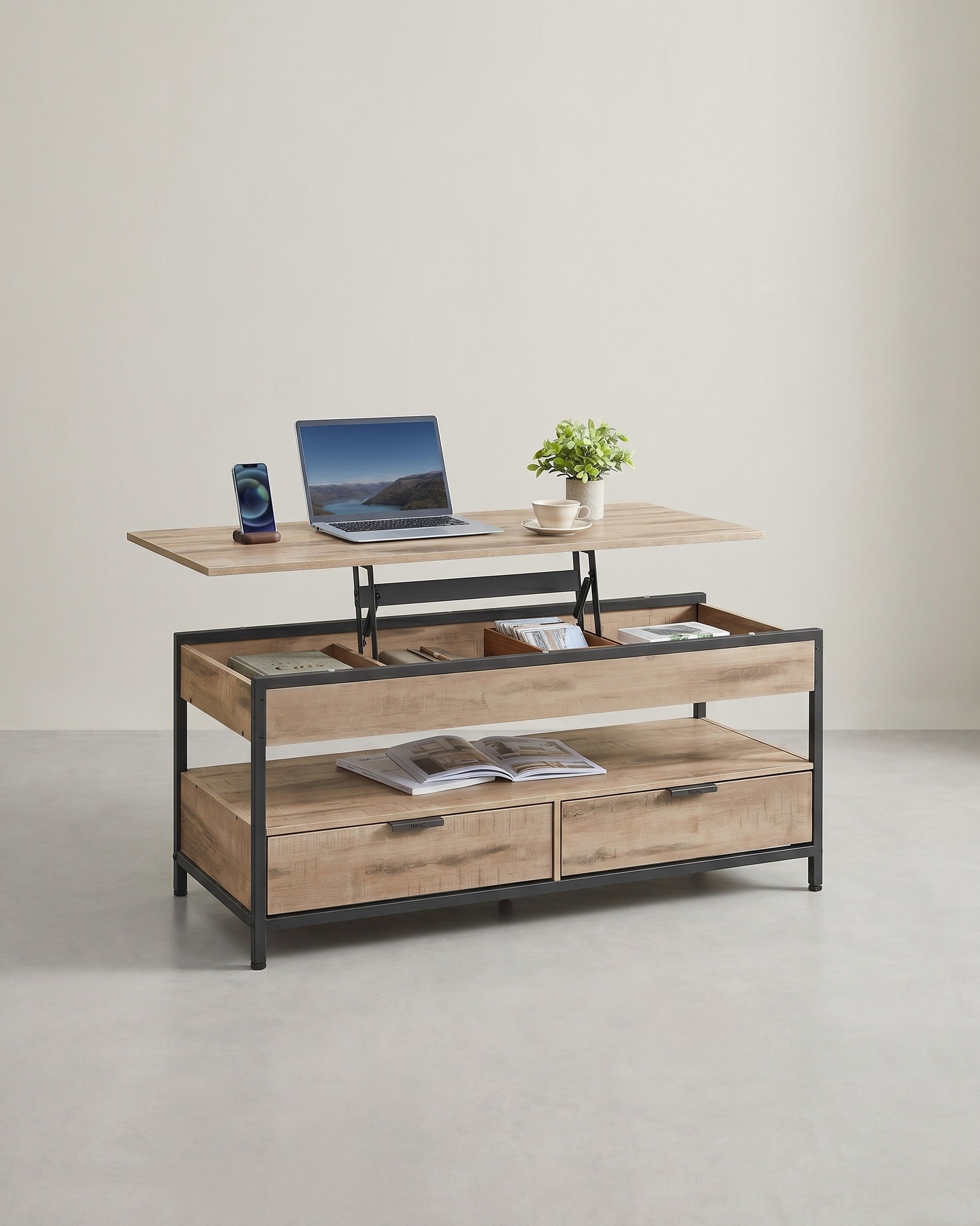 Industrieel Verstelbaar Salontafel met Lift-Top – 120 x 50 cm – Met Lades en Verborgen Opbergruimte