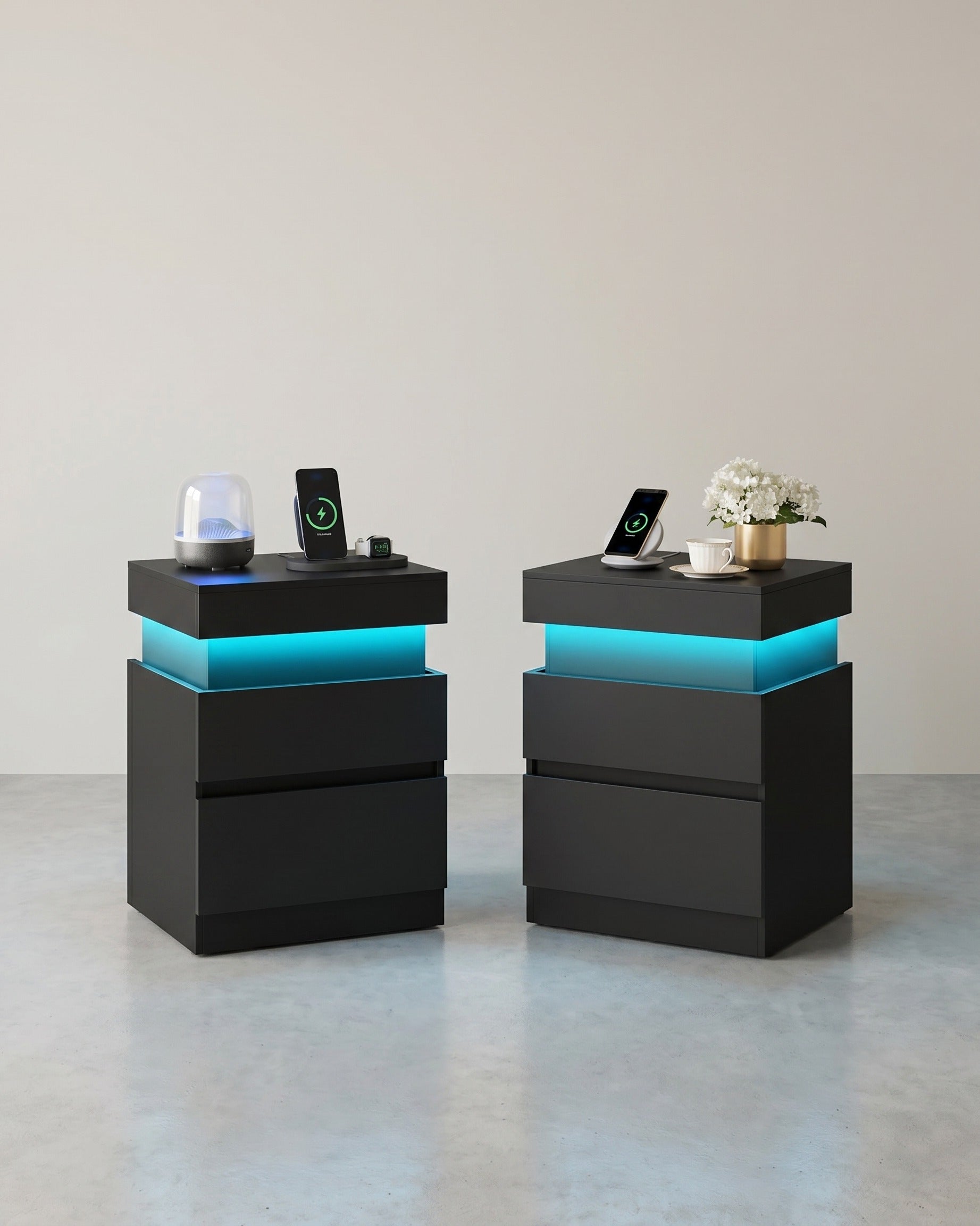 Nachtkastje – Set Van 2 – Met LED-Verlichting, Stopcontacten En USB-A/USB-C – Schuifblad En 2 Lades – Modern Design – 35 x 40 x 55 cm