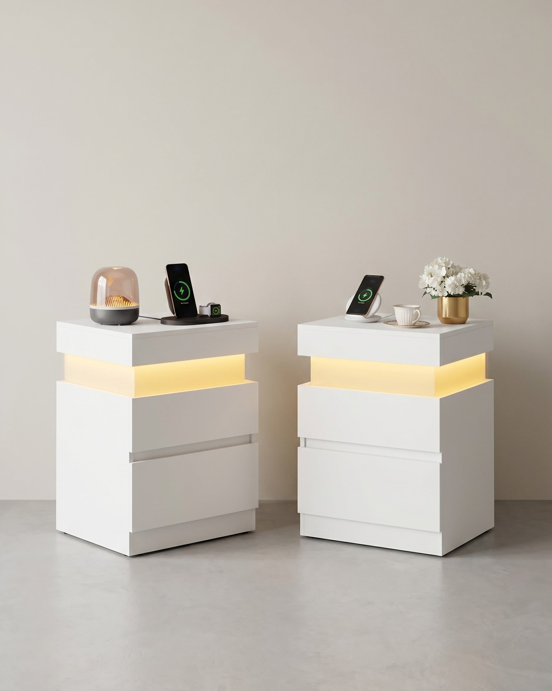 Nachtkastje – Set Van 2 – Met LED-Verlichting, Stopcontacten En USB-A/USB-C – Schuifblad En 2 Lades – Modern Design – 35 x 40 x 55 cm