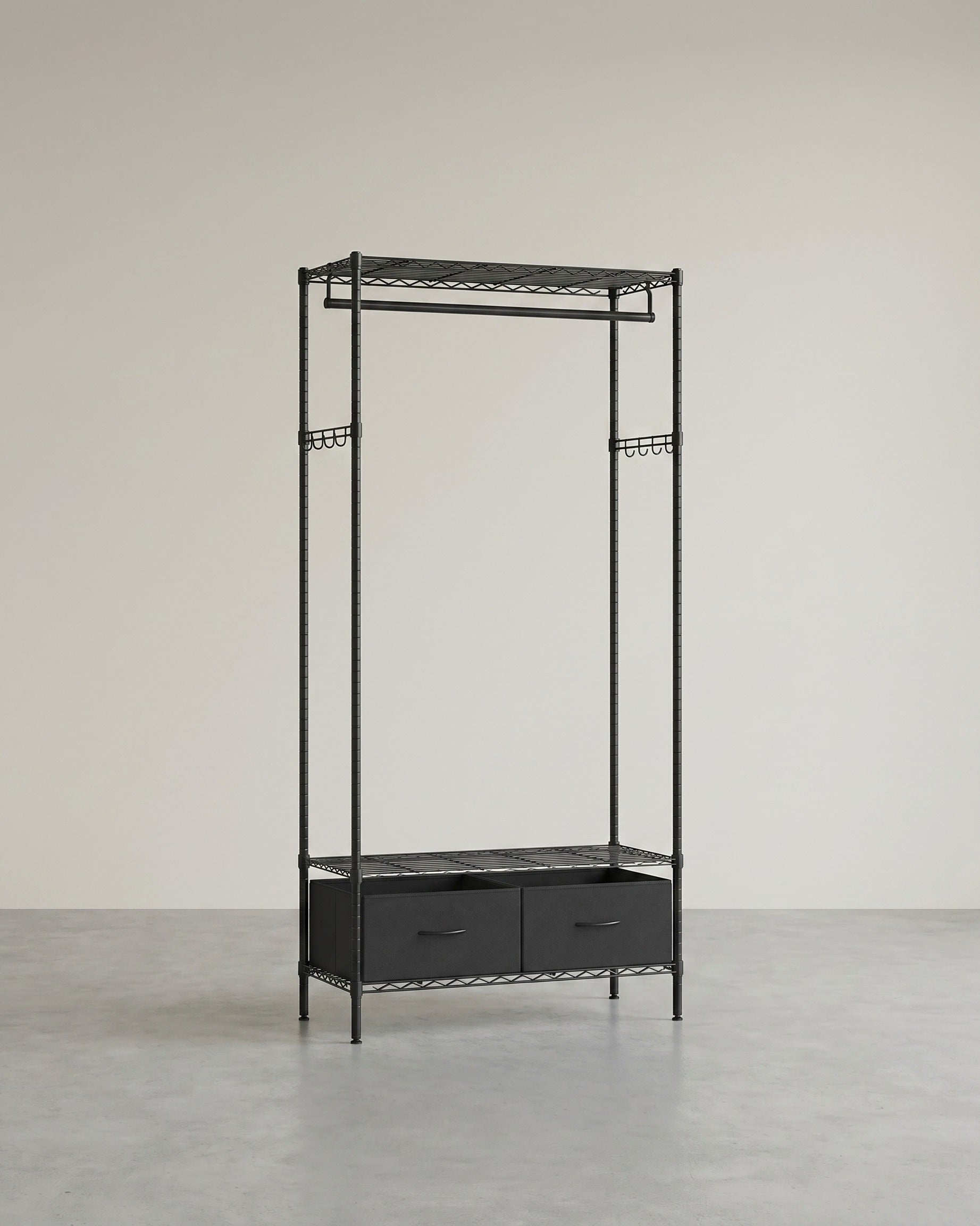 Kledingrek Zwart Metaal – Compact Garderoberek met Lades en Haken – Verstelbare Roede en Planken – 90 cm Breed – Tot 90 kg Draagvermogen